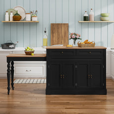 CBJCBJ Modern Extendable Kitchen Islands on Wheels with Power Outlet, Dining Table Cart with 4 Doors Storage, Black