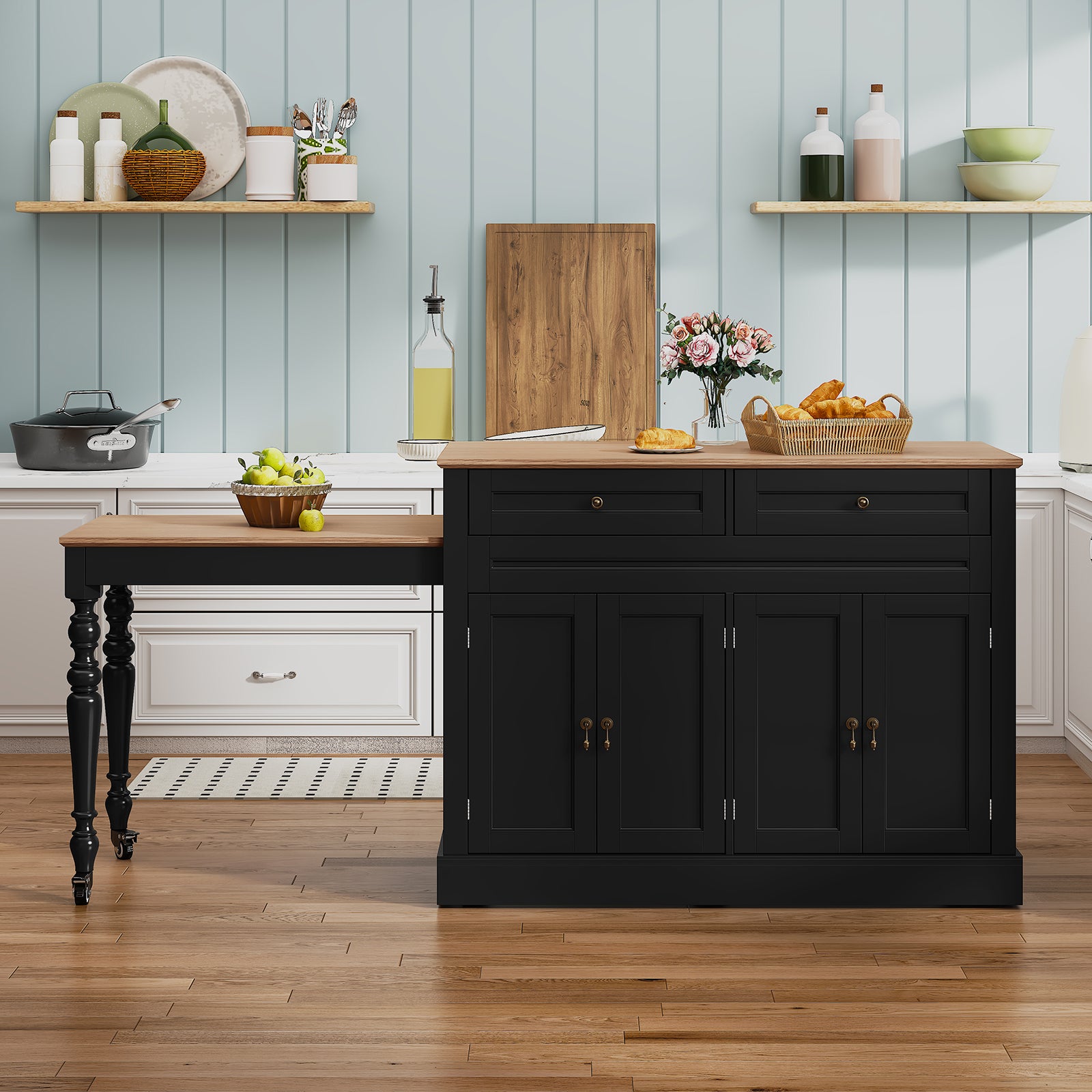 CBJCBJ Modern Extendable Kitchen Islands on Wheels with Power Outlet, Dining Table Cart with 4 Doors Storage, Black