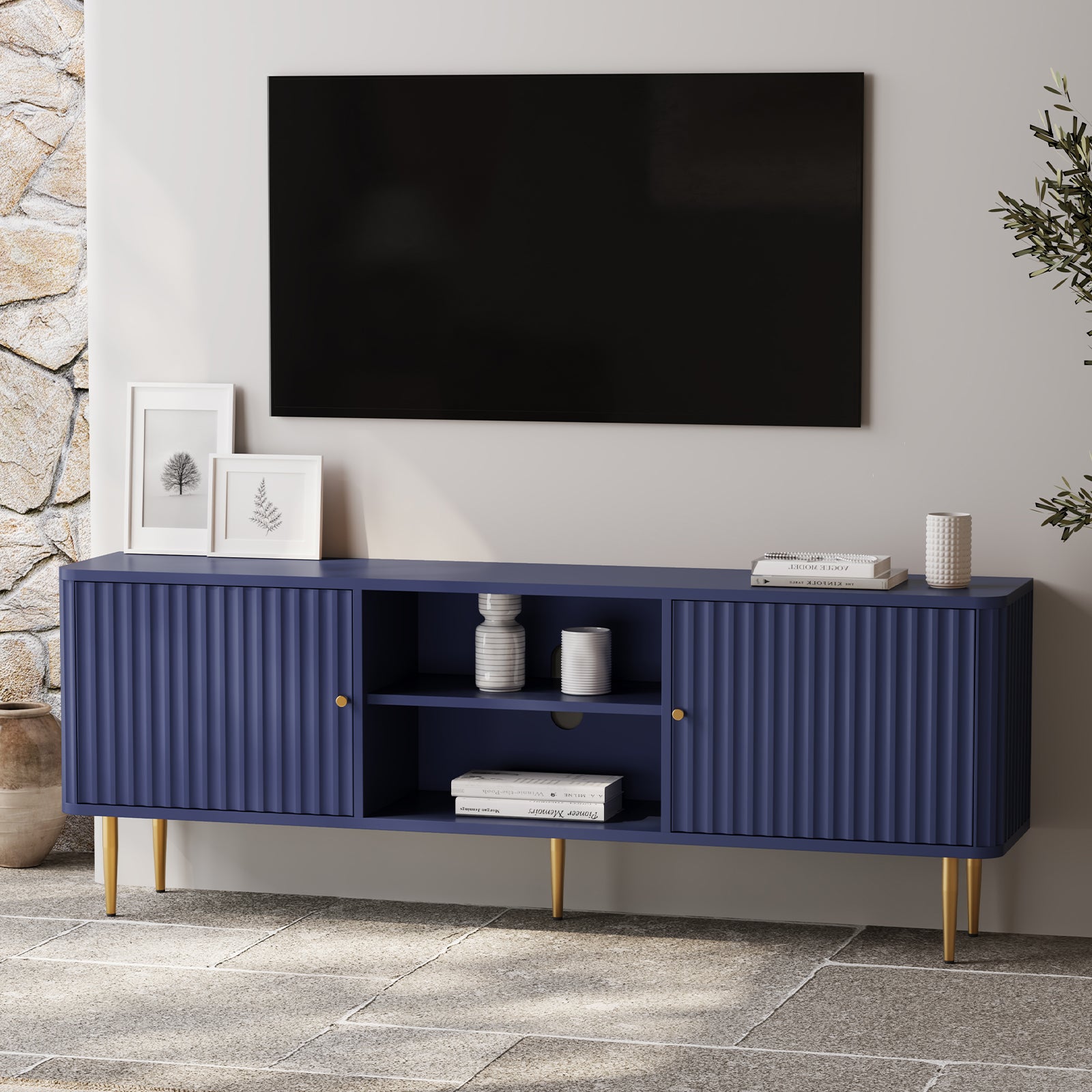 HLR 67 In Fluted TV Stand for TVs Up to 75 Inch, Mid Century Modern Entertainment Center with Storage, Blue