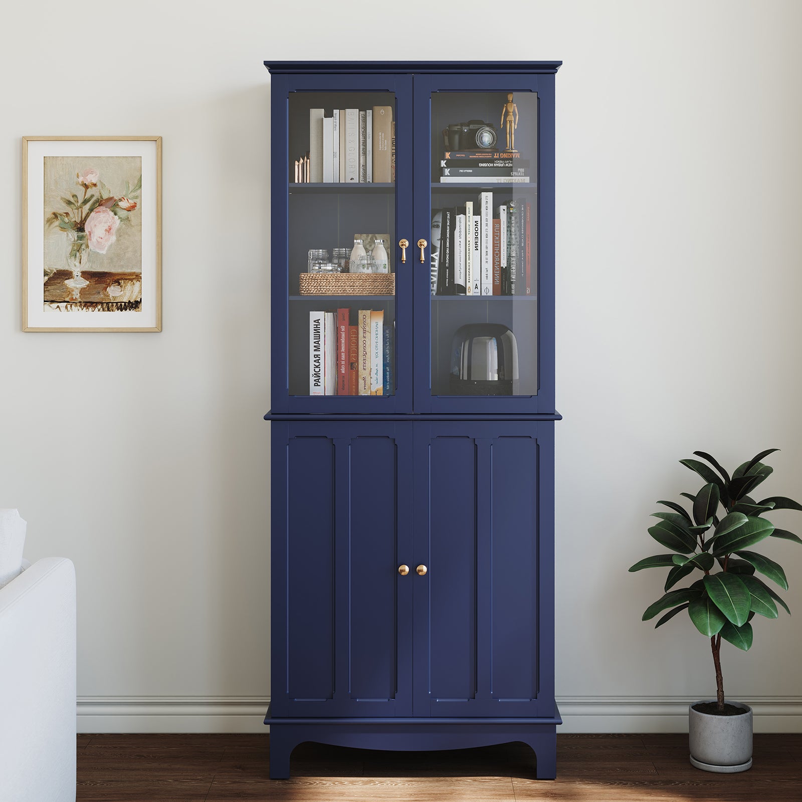 CBJCBJ Modern Bookcase with Storage, Display Cabinet with Glass Doors, Storage Cabinet with Adjustable Shelves,Blue