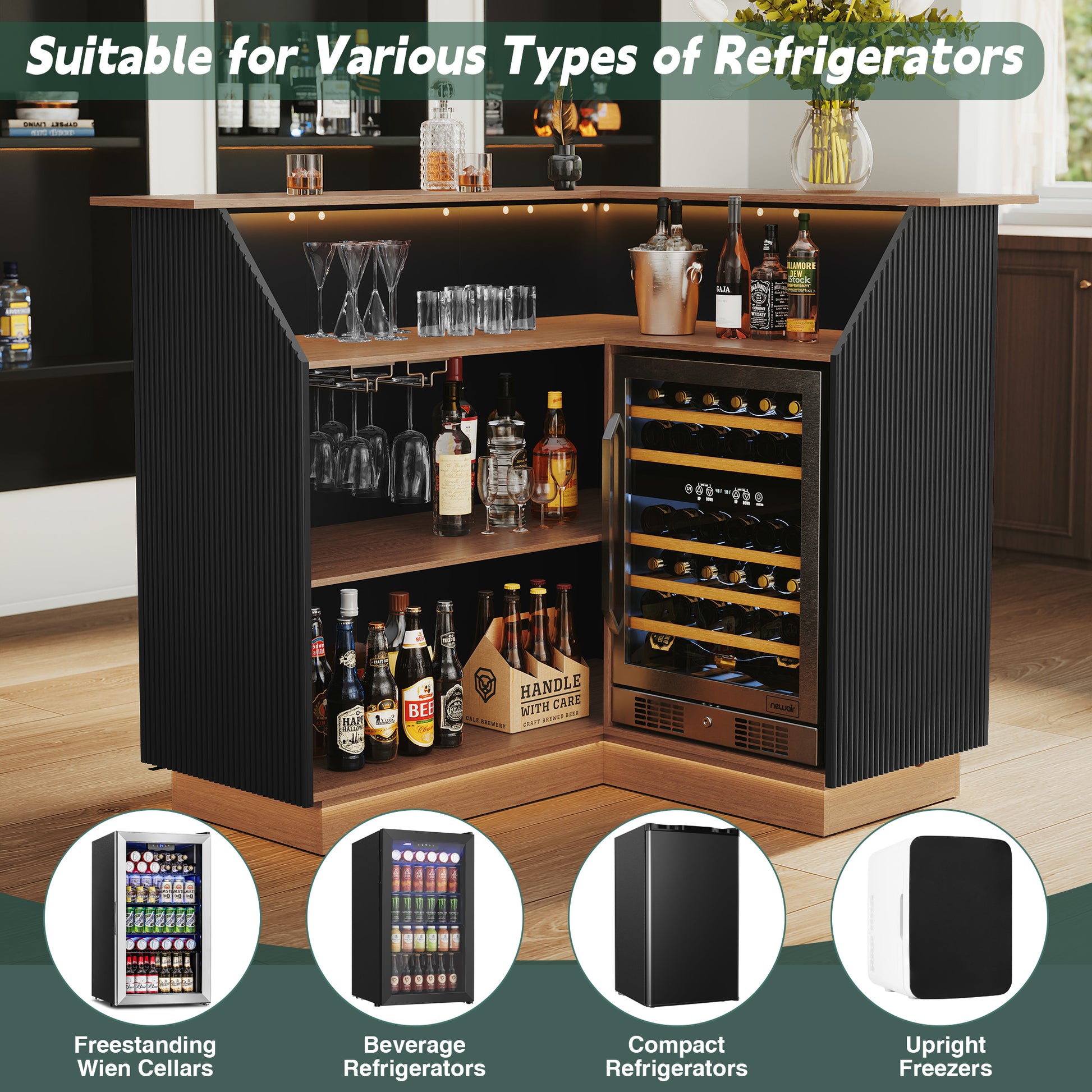 HLR L-Shaped Home Bar Cabinet with Fridge Space, 4-Tier Corner Bar Unit Wine Cabinet with Storage