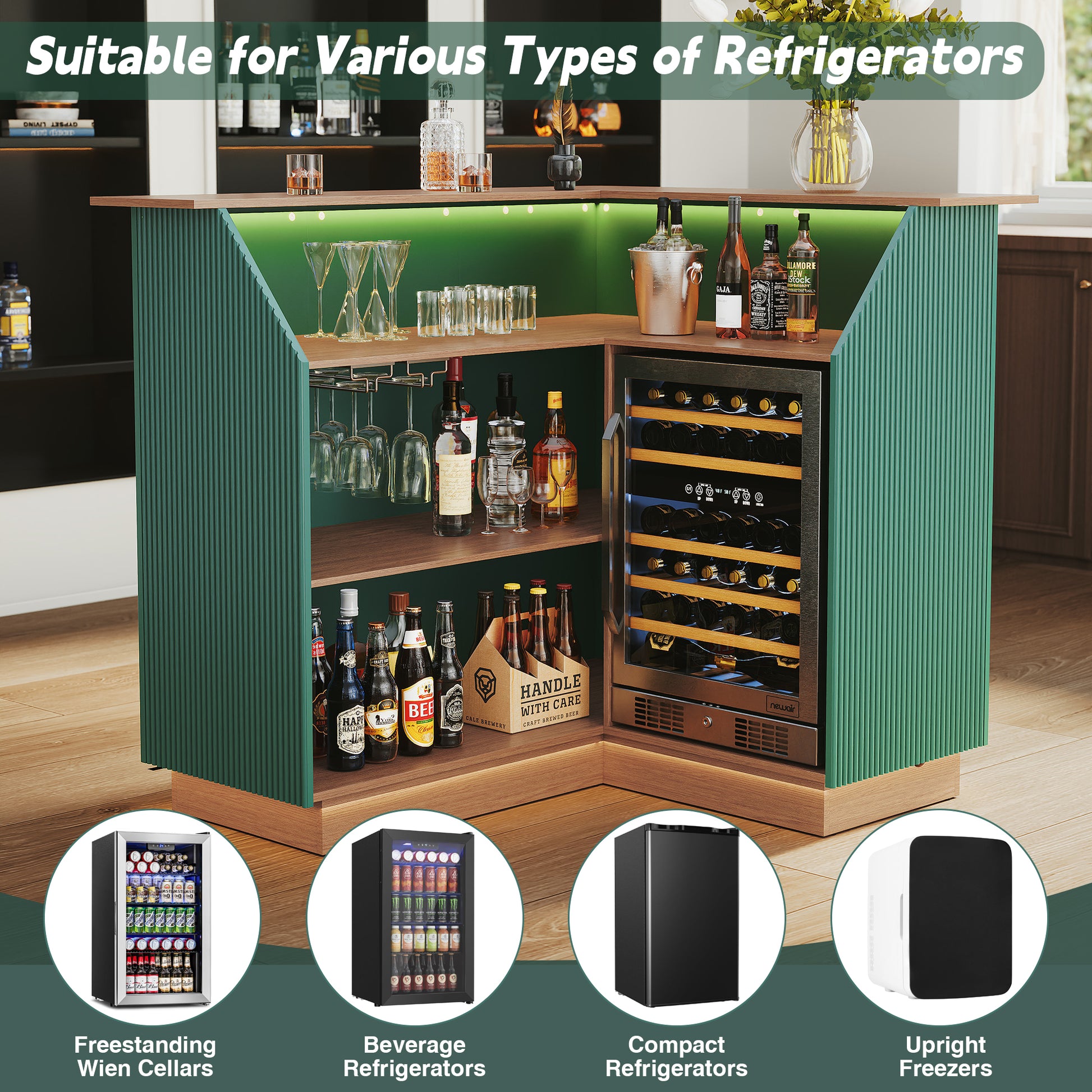 HLR L-Shaped Home Bar Cabinet with Fridge Space, 4-Tier Corner Bar Unit Wine Cabinet with Storage, Green