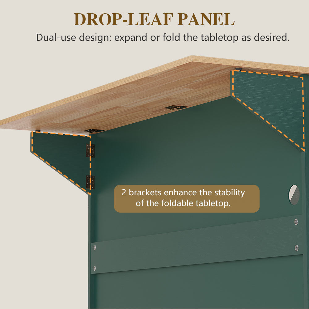 HLR Mid-Century 60" Kitchen Island with Trash Can Storage, Rolling Island Table, Green