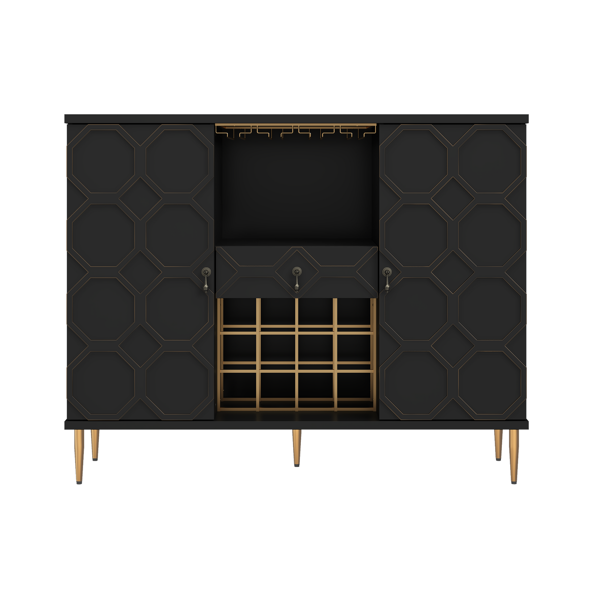 HLR Modern 47.2" Wine Bar Cabinet with Drawer, Geometric Door Buffet Sideboard Coffee Bar for Kitchen