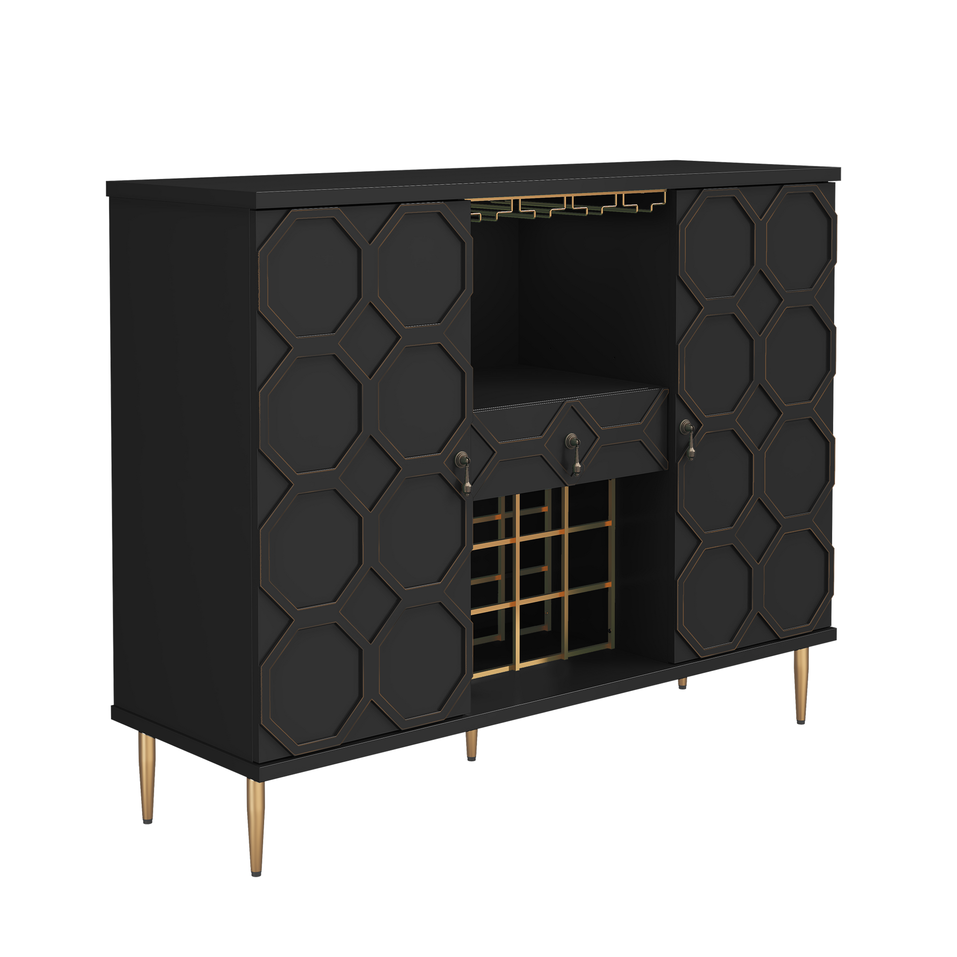HLR Modern 47.2" Wine Bar Cabinet with Drawer, Geometric Door Buffet Sideboard Coffee Bar for Kitchen