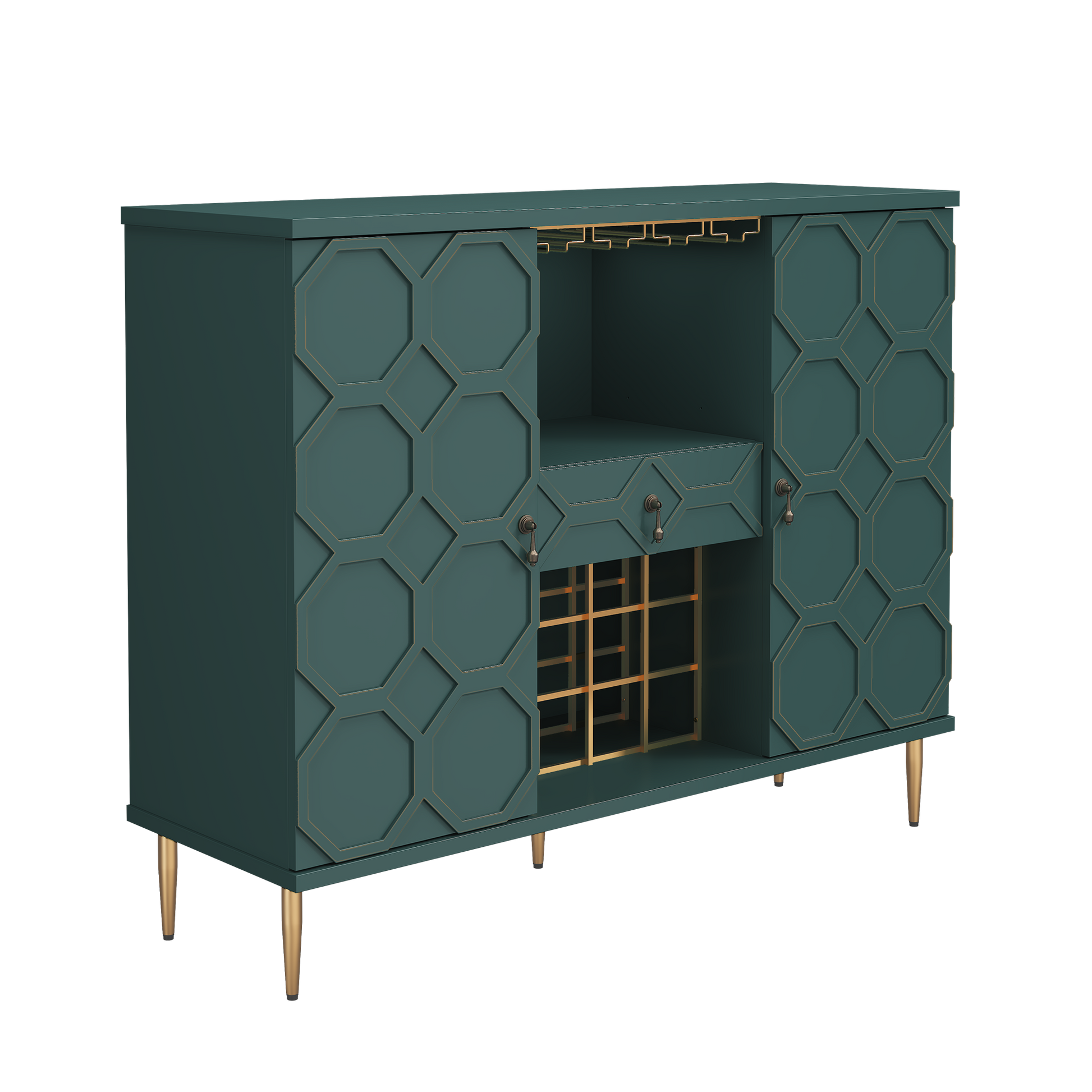 HLR Modern 47.2" Wine Bar Cabinet with Drawer, Geometric Door Buffet Sideboard Coffee Bar for Kitchen, Green