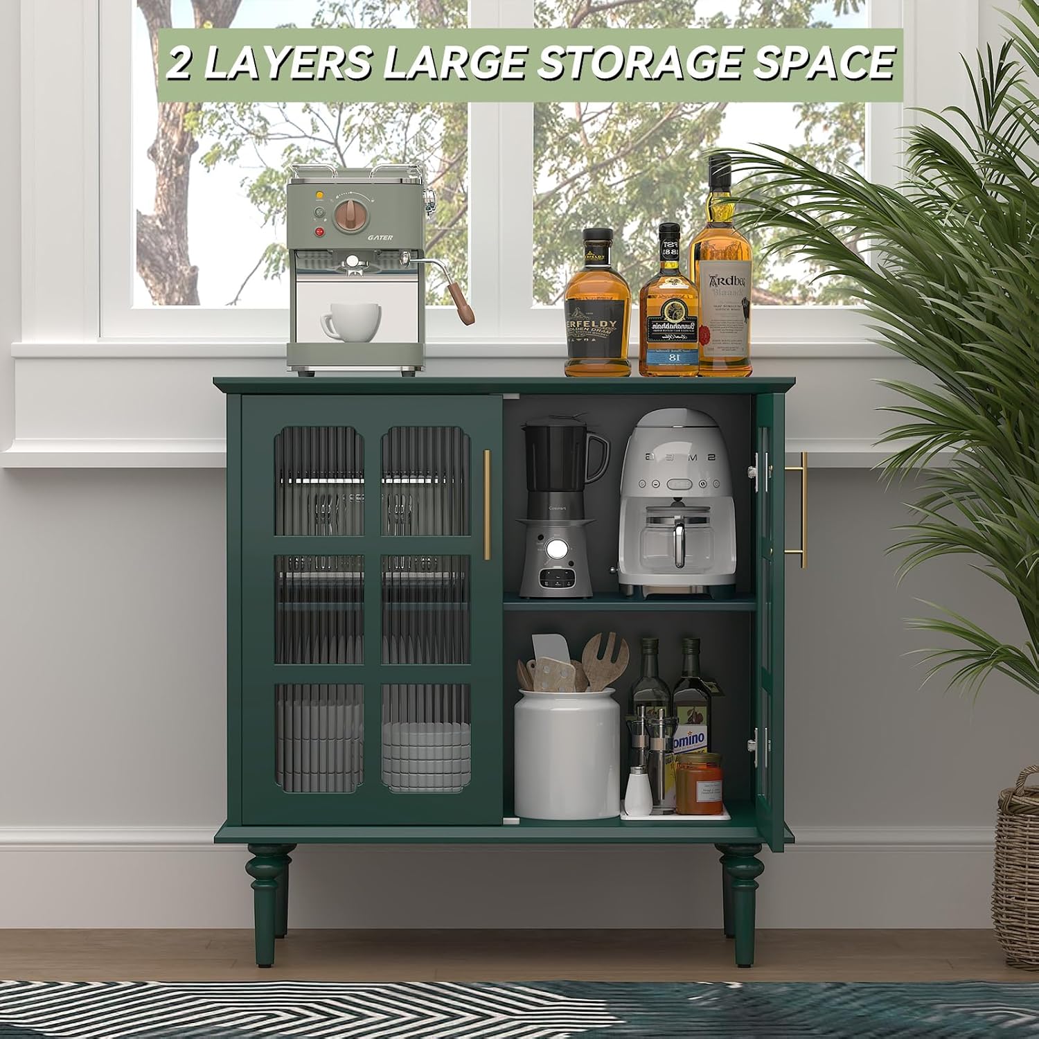 Buffet vintage HLR® avec 2 portes en verre à treillis, meuble d'appoint en bois 