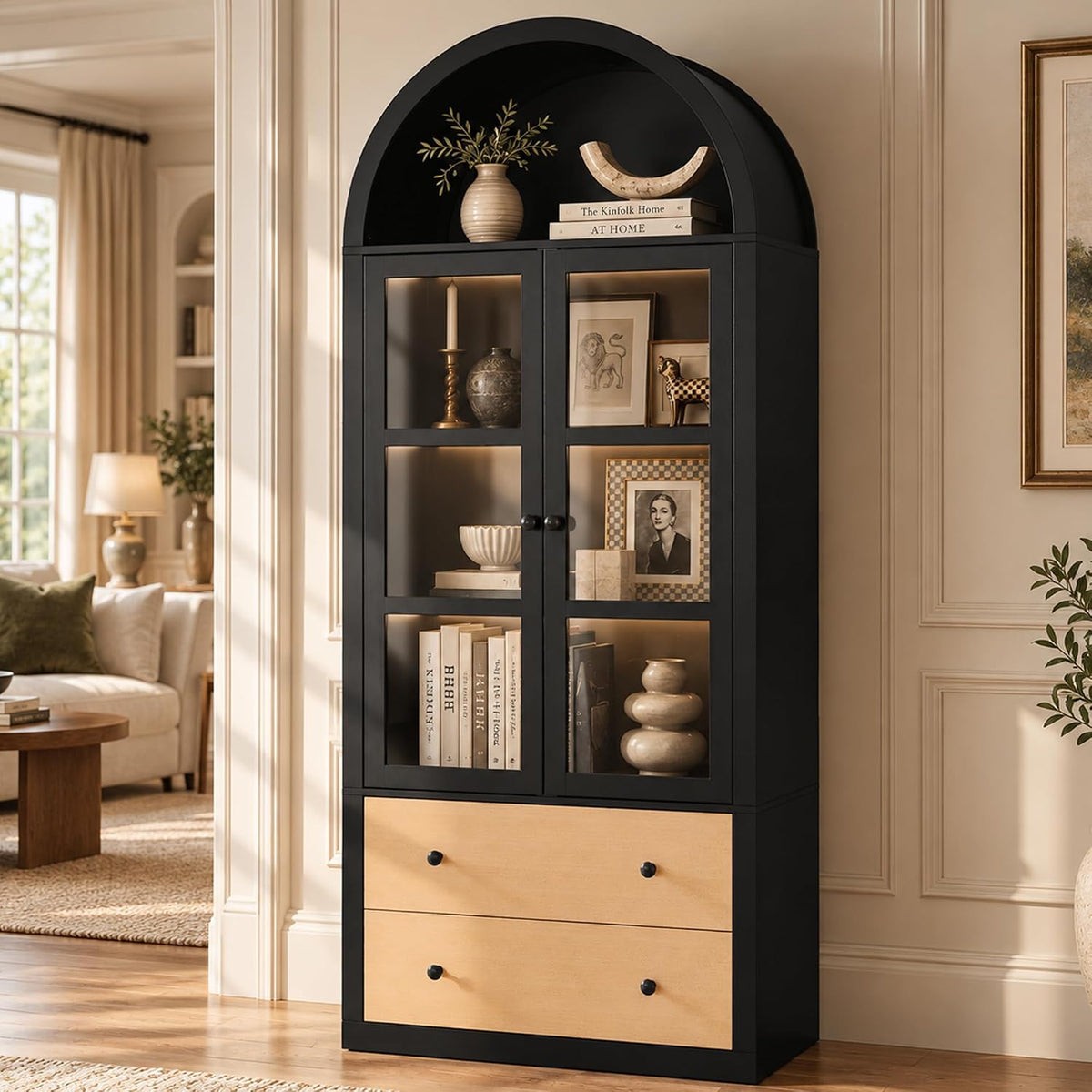 HLR 71" Arched Bookcase with Glass Doors & 2 Drawers, Tall Storage Cabinet