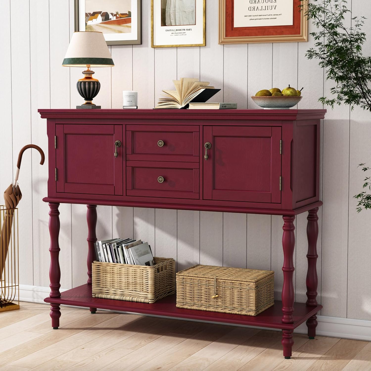 HLR® Console Table with 2 Drawers, Retro Entryway Table with 2 Door Cabinets and Open Storage Shelf
