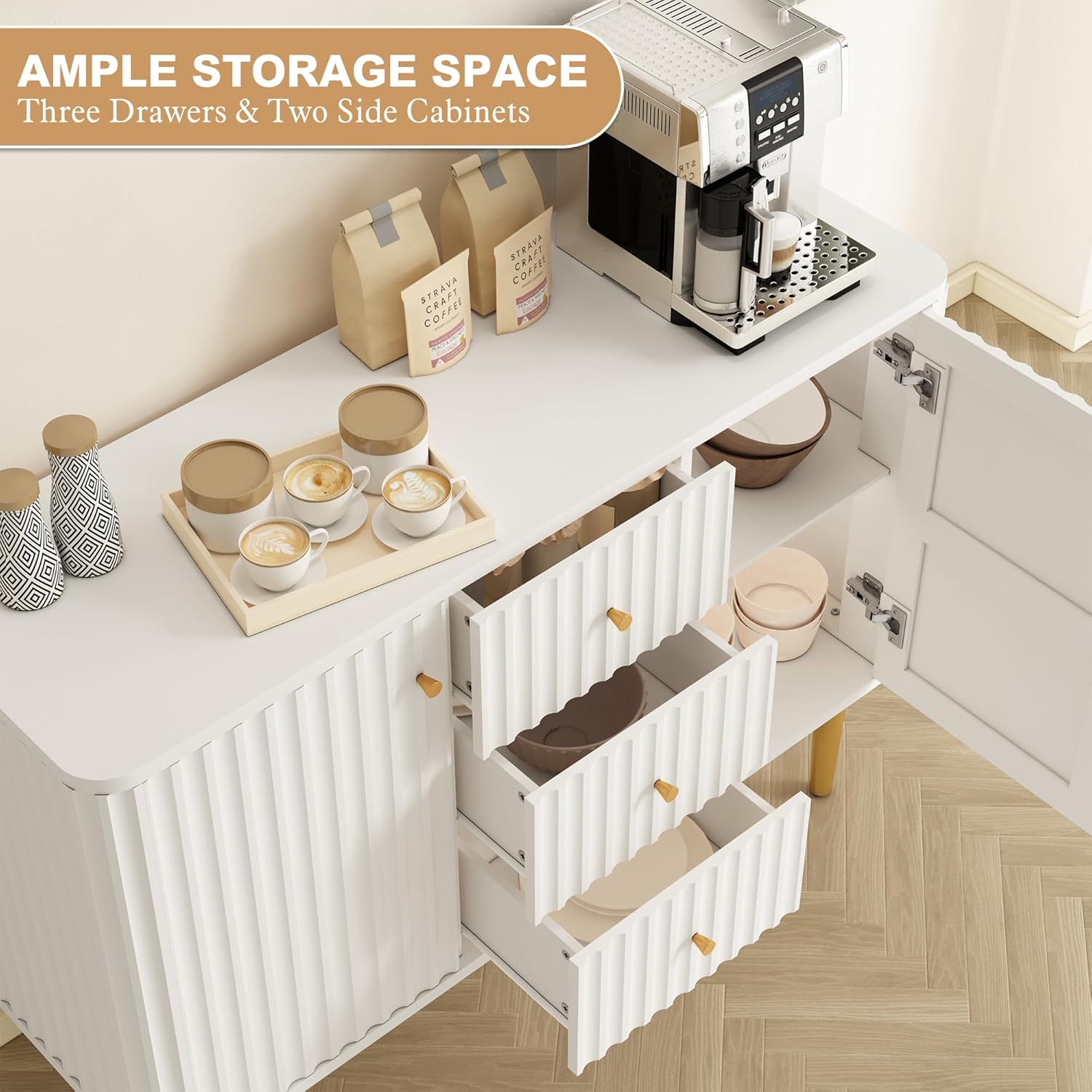 HLR® Sideboard Buffet Cabinet with Storage, 48" Fluted Accent Cabinet with 2 Drawers and 2 Doors