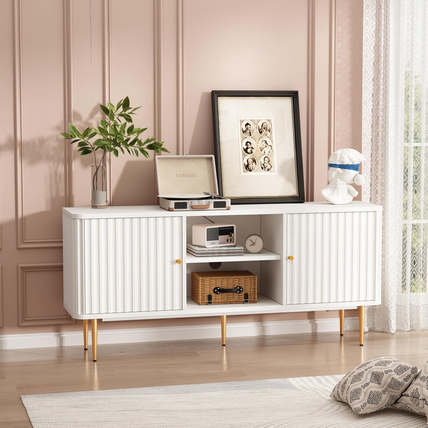 HLR® 55” Fluted TV Stand, Mid Century Modern White TV Stand for 55/60/65 inch TV