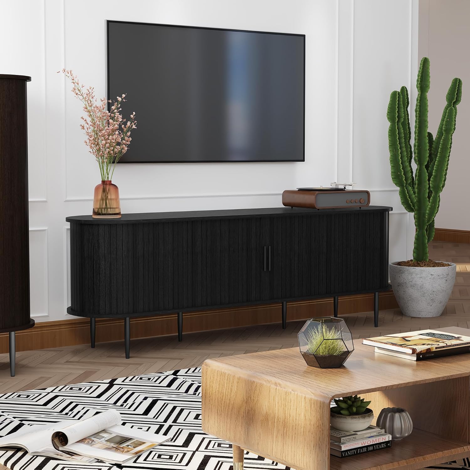 HLR® 70" Modern TV Stand with Tambour Door for TVs up to 80", Entertainment Center with Storage