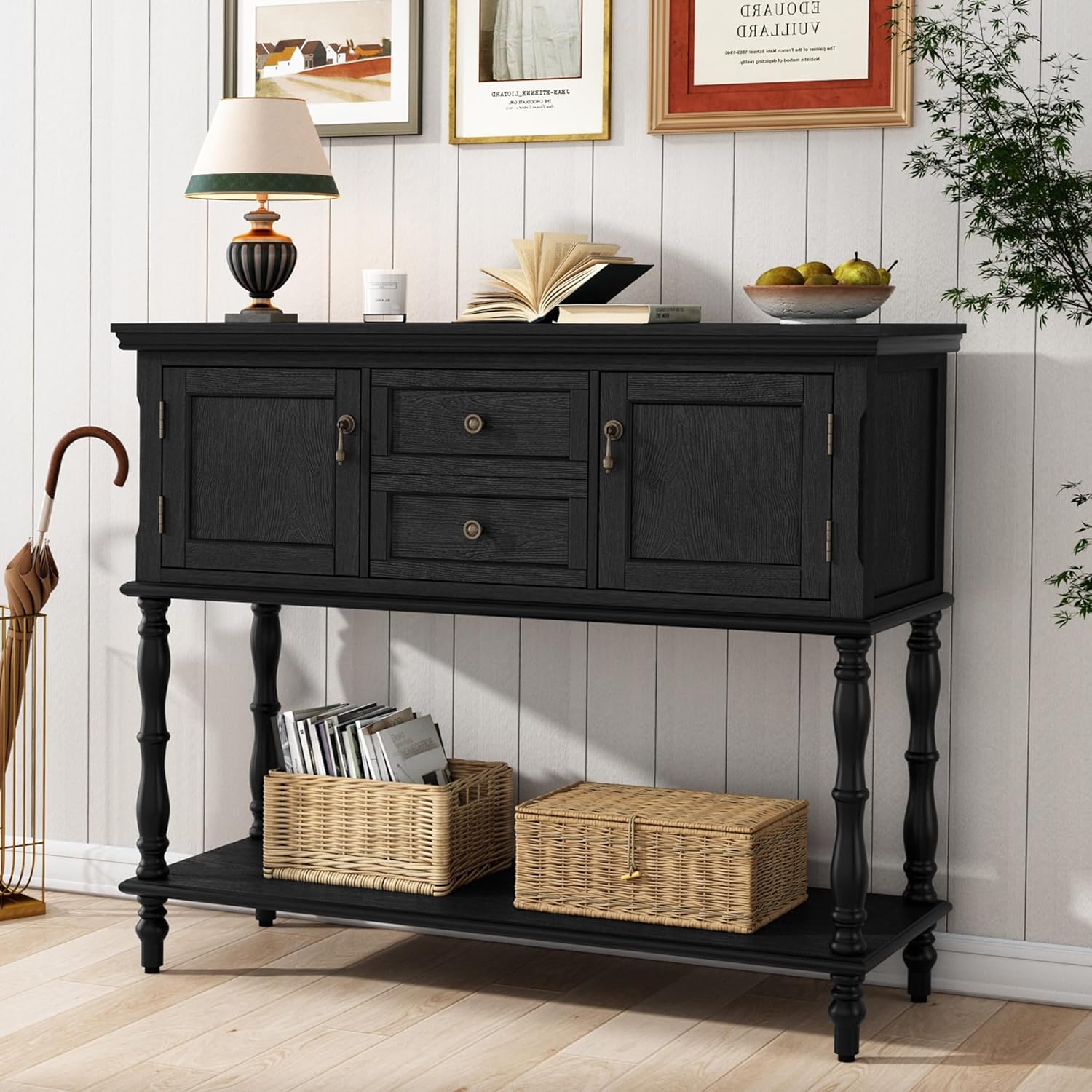 HLR® Console Table with 2 Drawers, Retro Entryway Table with 2 Door Cabinets and Open Storage Shelf