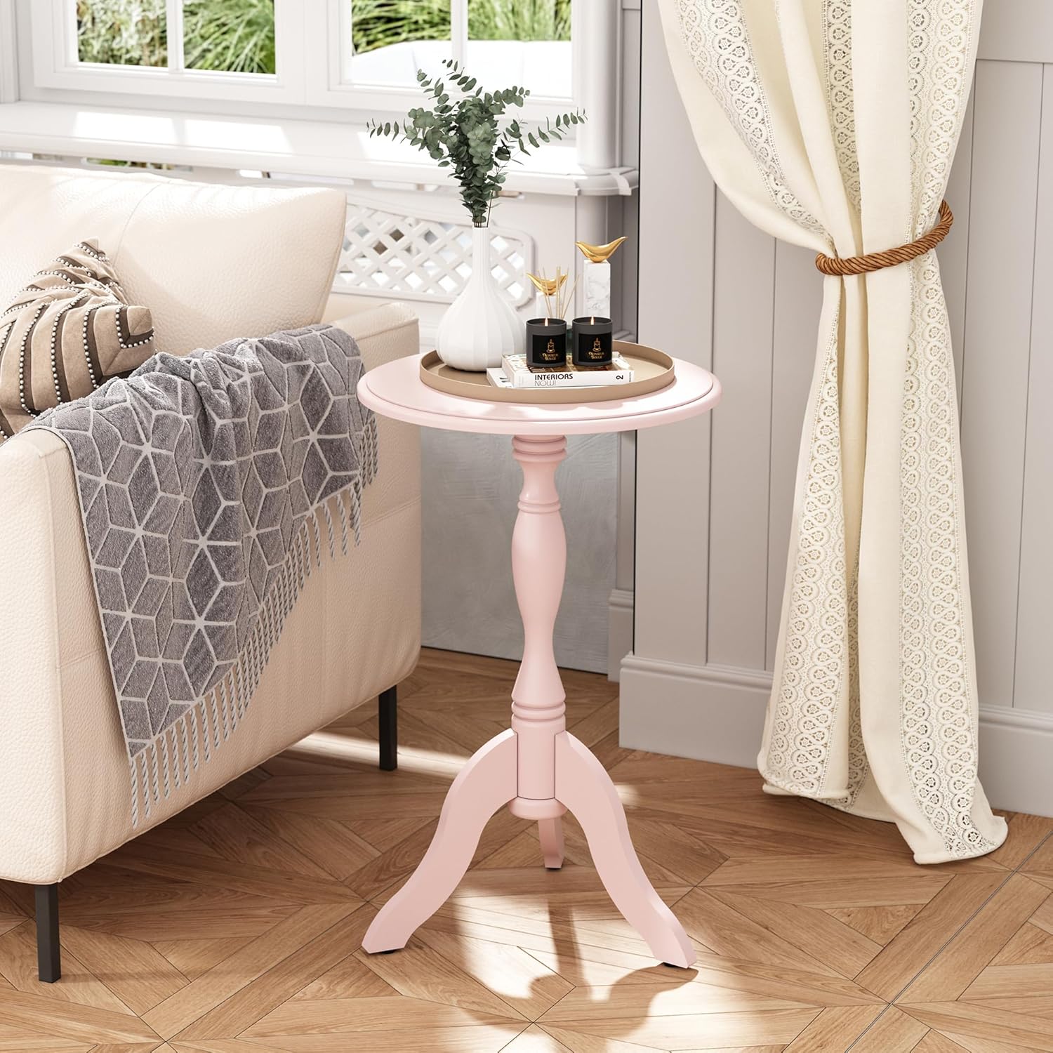 HLR® Round Small End Table, Wooden Pedestal Side Coffee Tables, Vintage Accent Nightstand