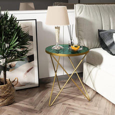 HLR® Modern Round Side Table, End Table with Marble Effect Top and Gold Metal Frame