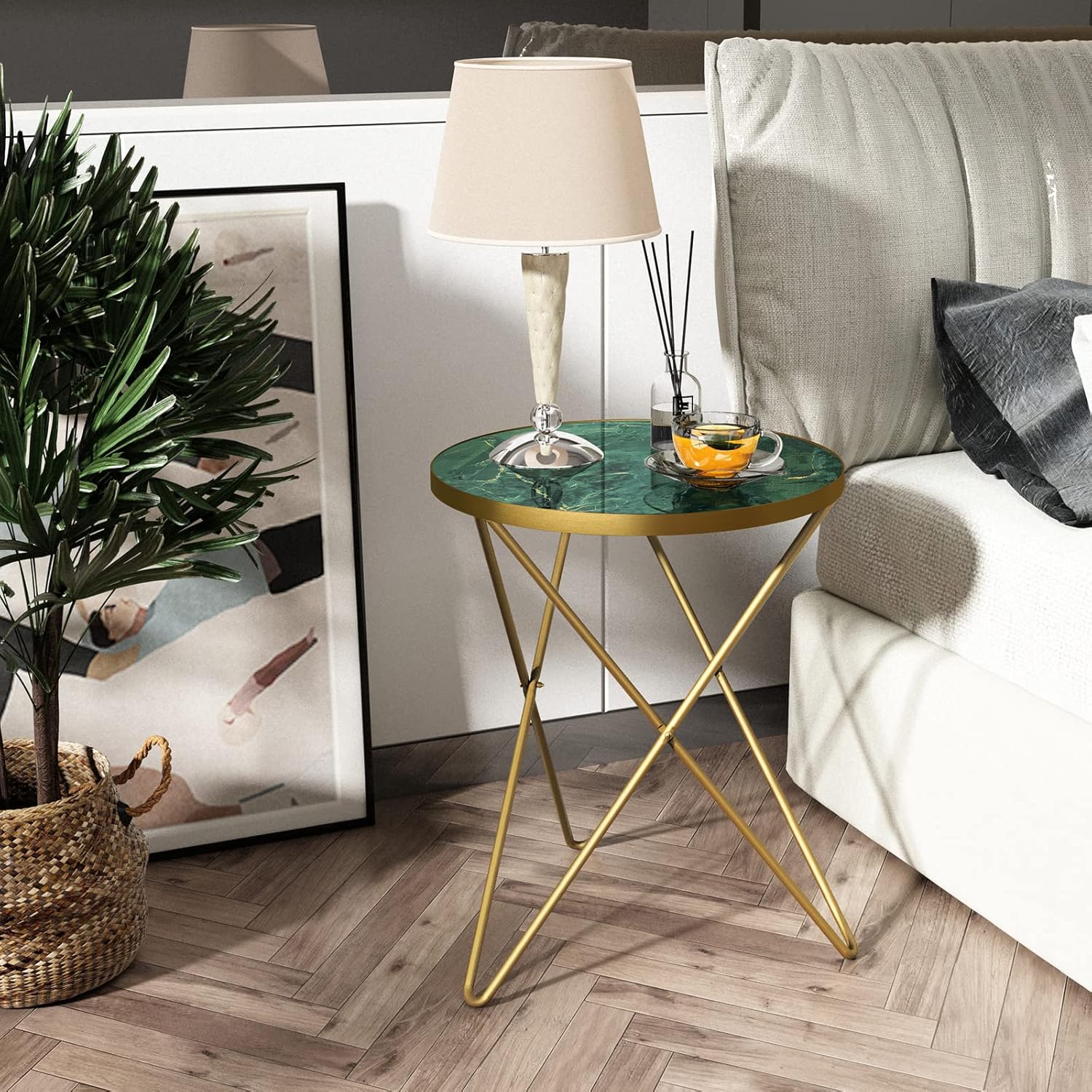 HLR® Modern Round Side Table, End Table with Marble Effect Top and Gold Metal Frame