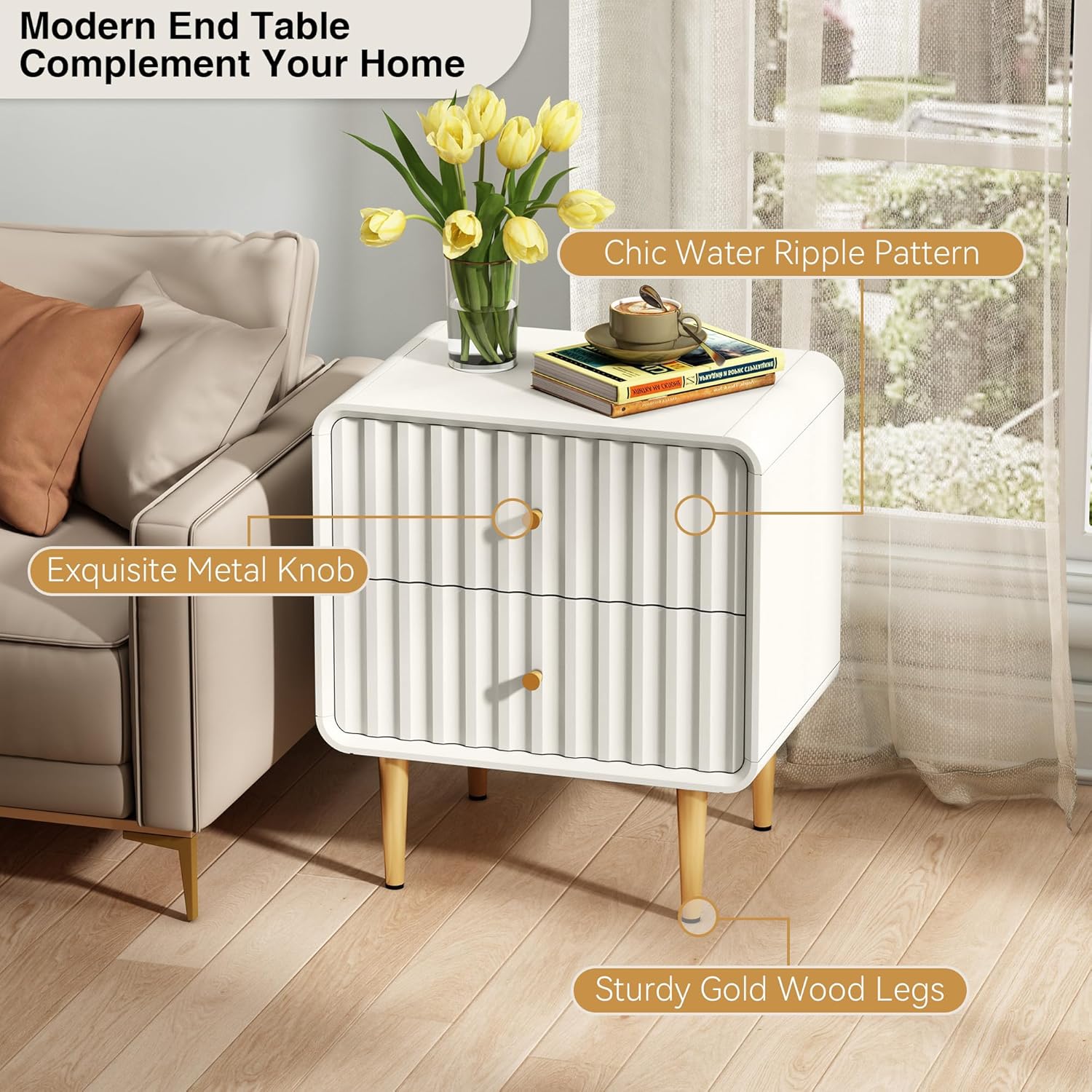 HLR® Modern Nightstand Set of 2, Fluted Bed Side Table with 2 Drawers Storage