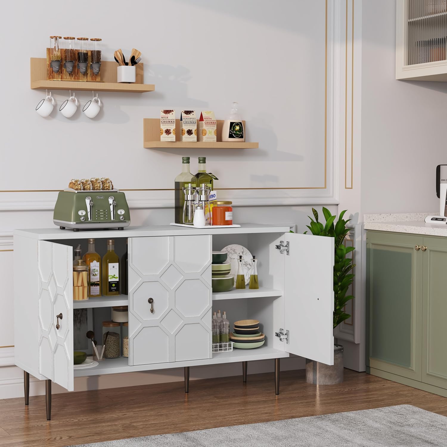 HLR® 47" White Sideboard Buffet Cabinet with Storage, 3 Decorative Embossed Pattern Doors
