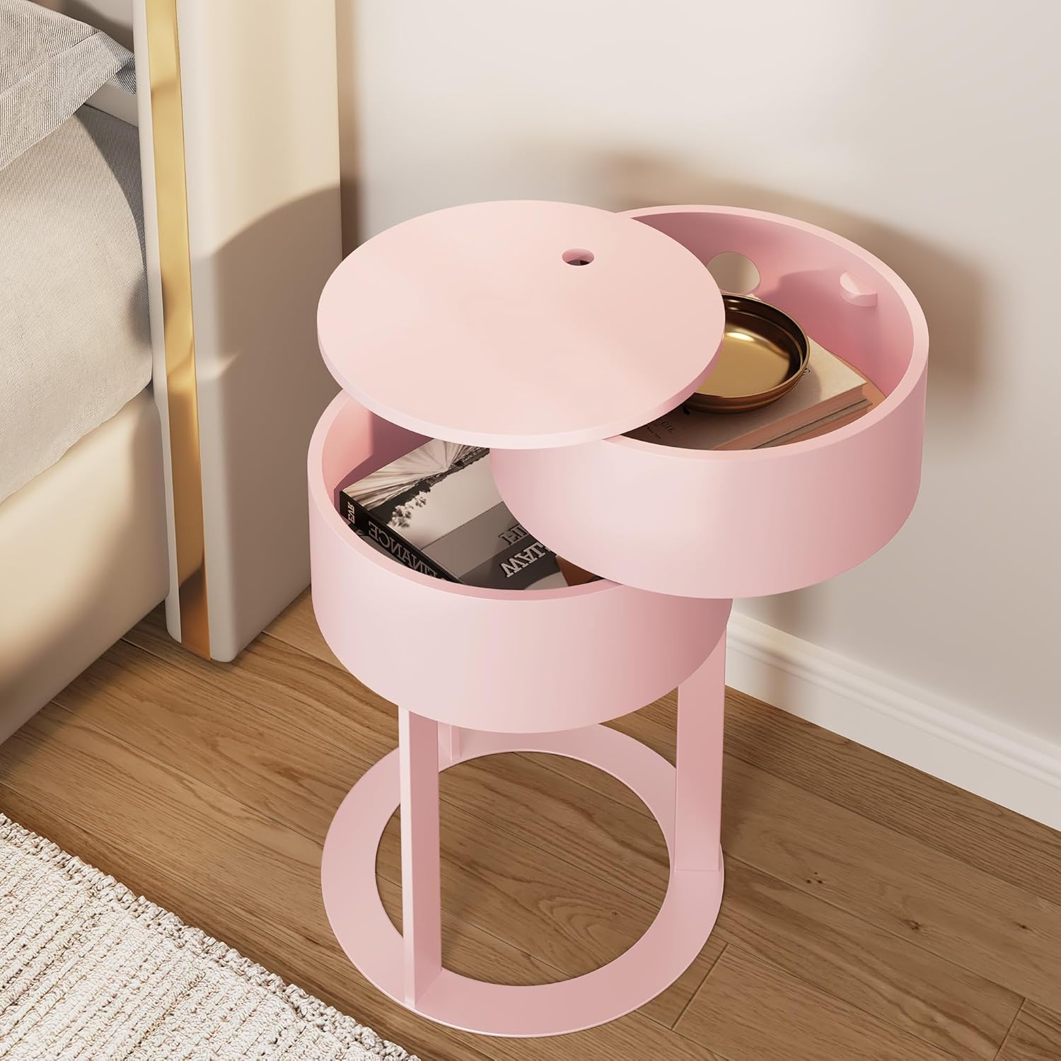 HLR® Round Side Table with Hidden Storage Drawers, Modern Nightstand with Swivel Drawer,