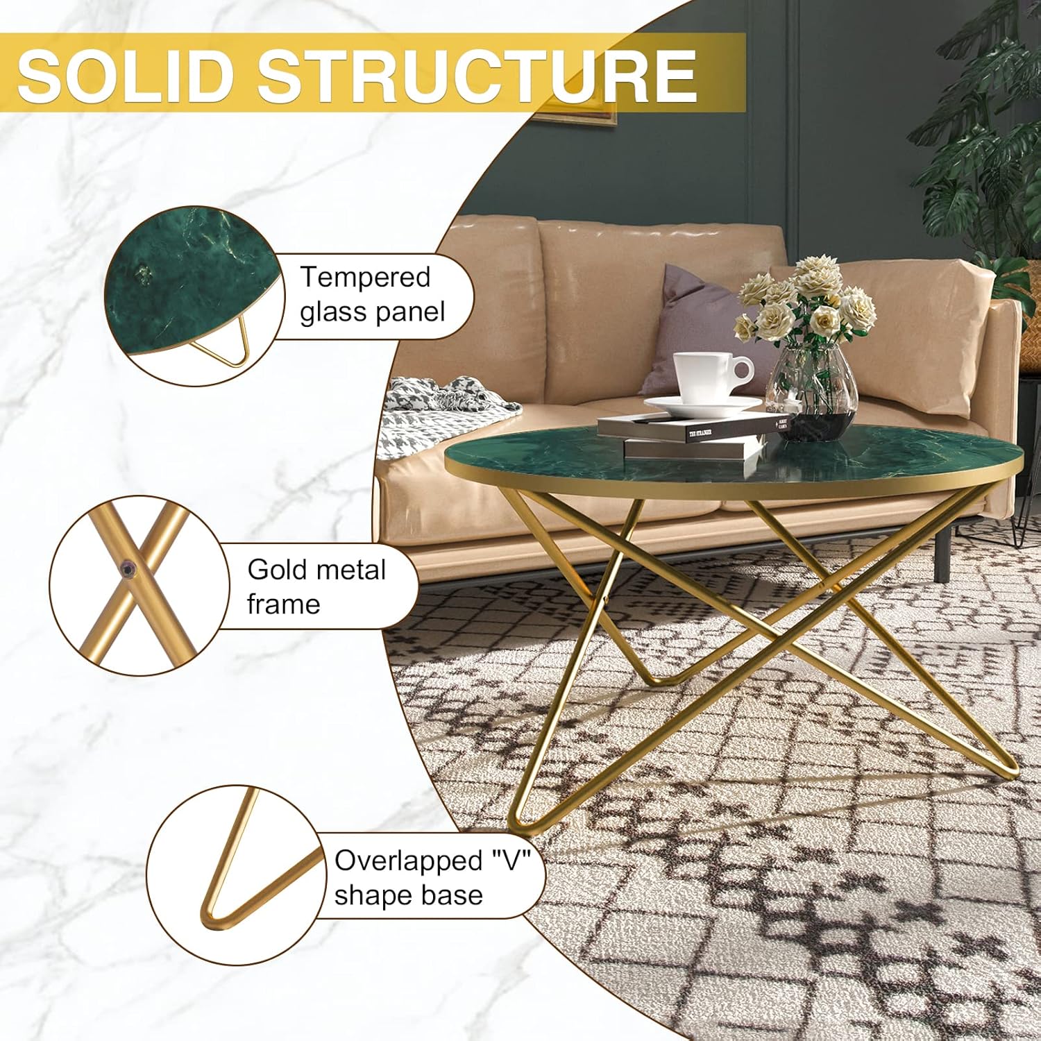 HLR® Round Coffee Table with Green Faux Marble Top