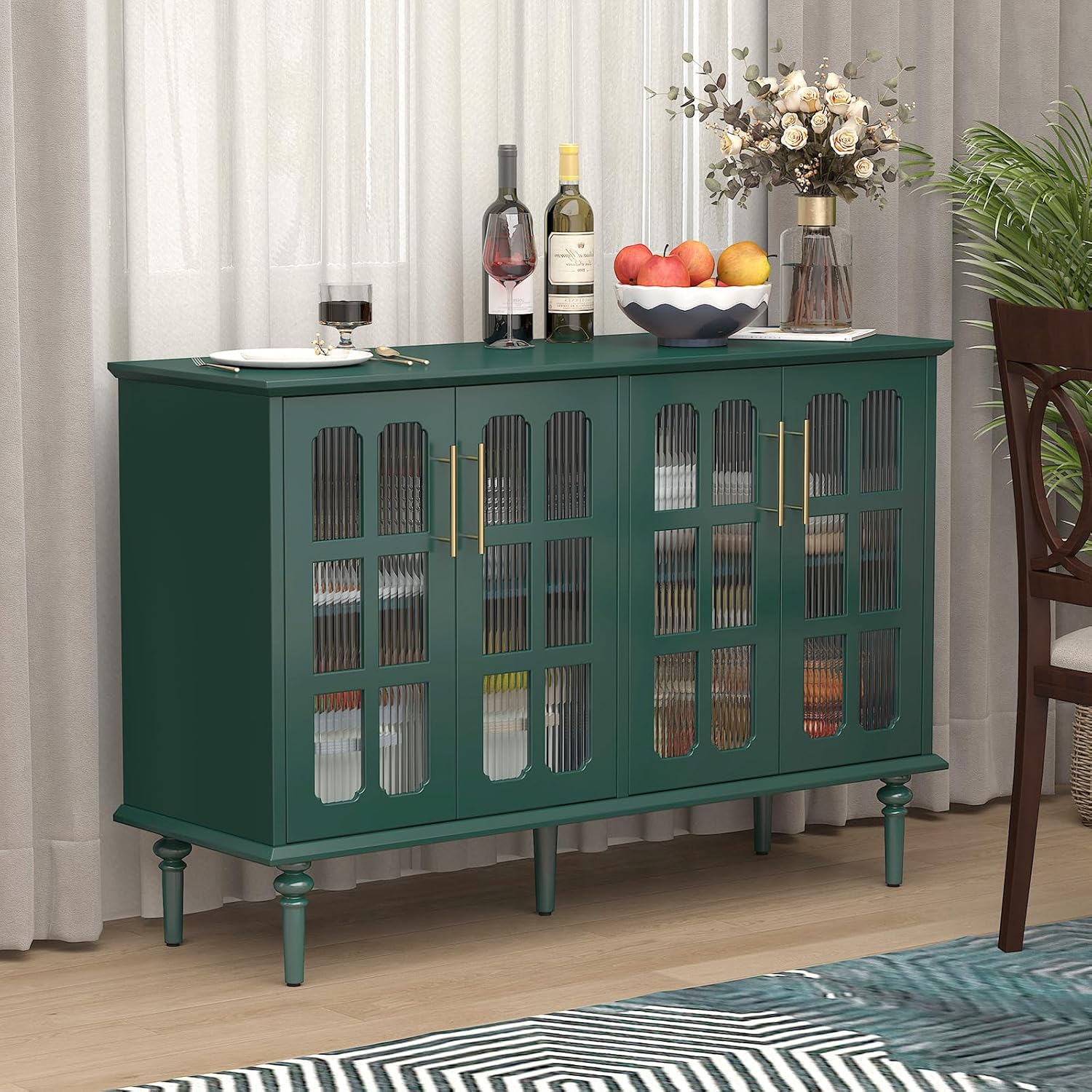 Buffet vintage HLR® avec 2 portes en verre à treillis, meuble d'appoint en bois 