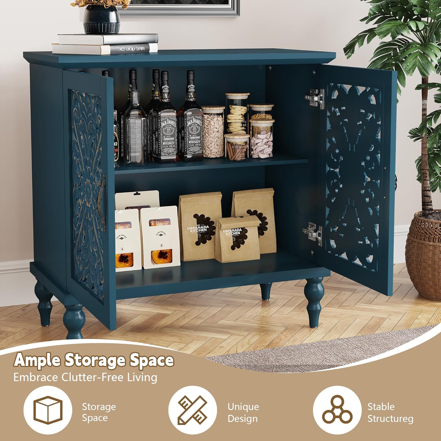 HLR® Accent Cabinet with 2 Doors, Vintage Carved Wood Storage Cabinet, Sideboard Buffet Cabinet