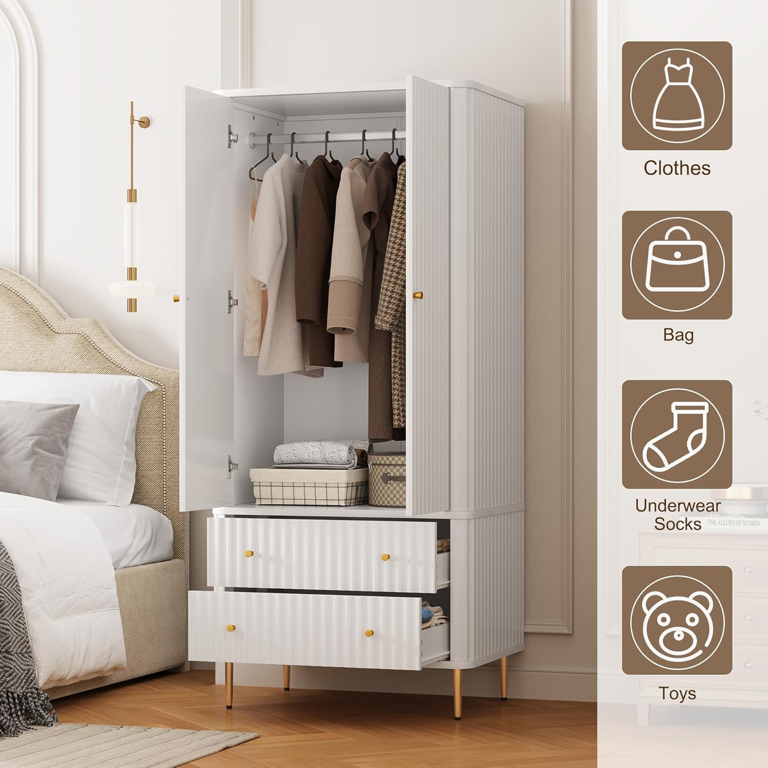 HLR® Armoire Wardrobe Closet with 2 Doors and 2 Drawers, 71'' Tall Modern Wardrobe Storage Cabinet