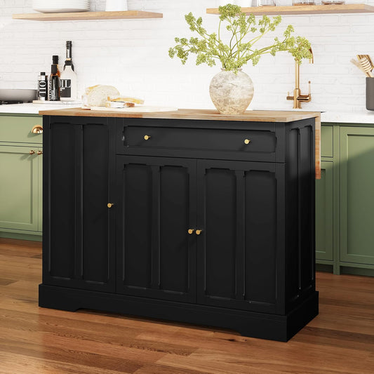 HLR® Kitchen Island Cart with Storage, Carved Doors Modern Rolling Islands with Drop Leaf
