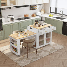 HLR® Kitchen Island with Extendable Dining Table, Marble Grain Top Kitchen Island