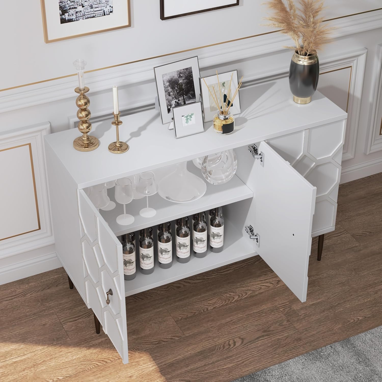 HLR® 47" White Sideboard Buffet Cabinet with Storage, 3 Decorative Embossed Pattern Doors