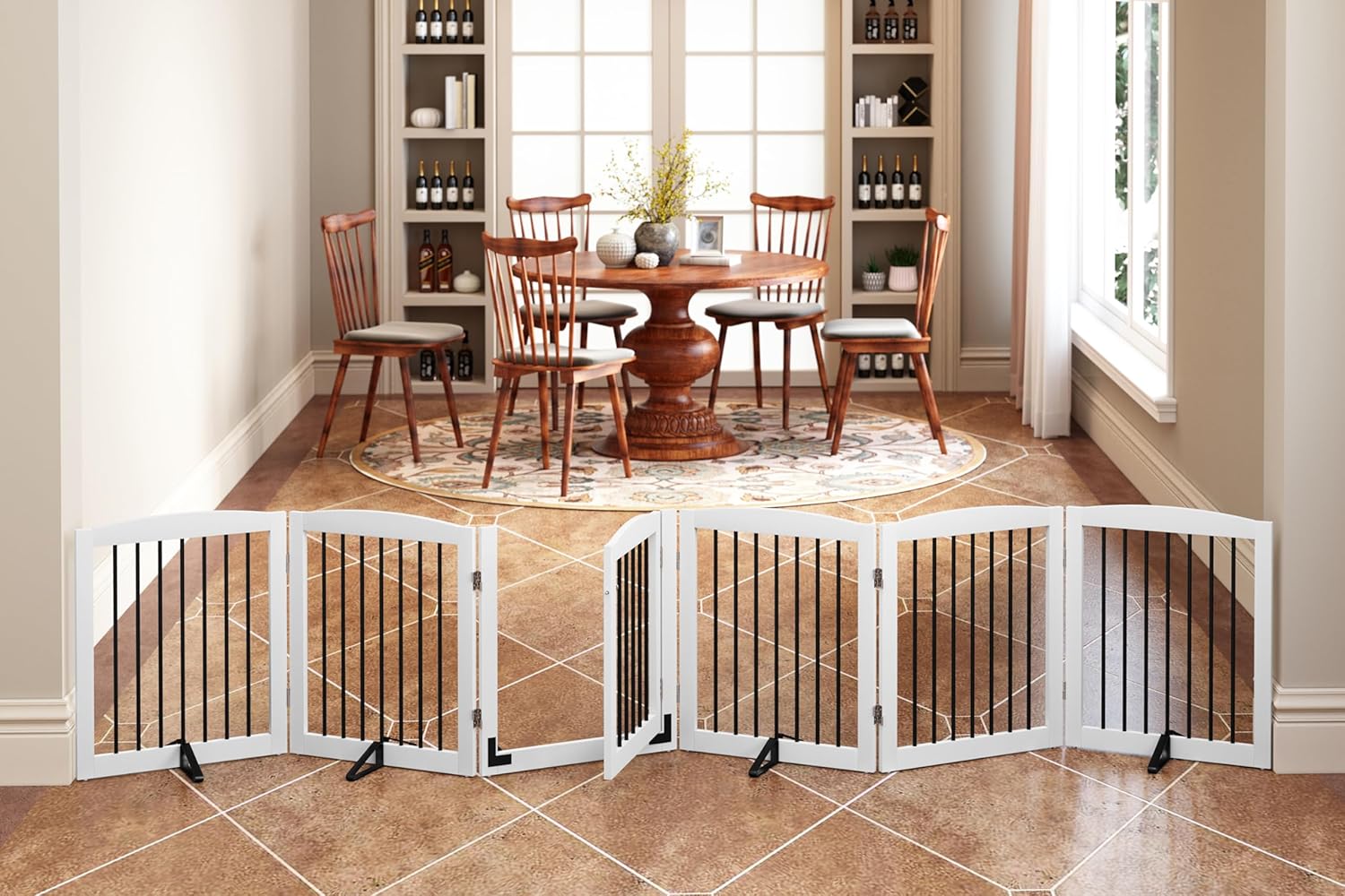 HLR® Freestanding Dog Gate with Door, Pet Gate for Stairs, 80 inch Wide Pet Barrier Indoor