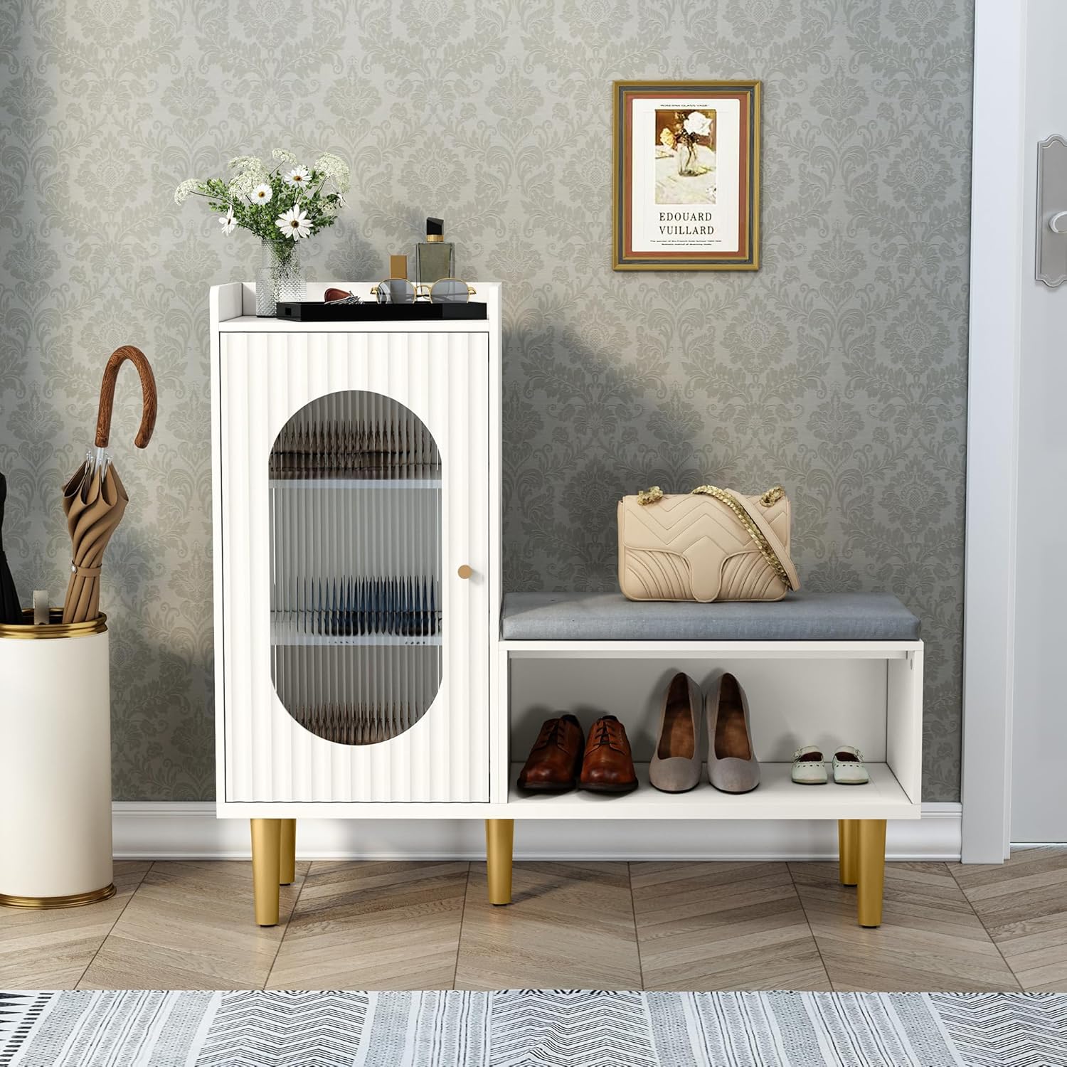 HLR® Storage Bench with Glass Door&Shelf, Modern Entryway Shoe Cabinet Bench
