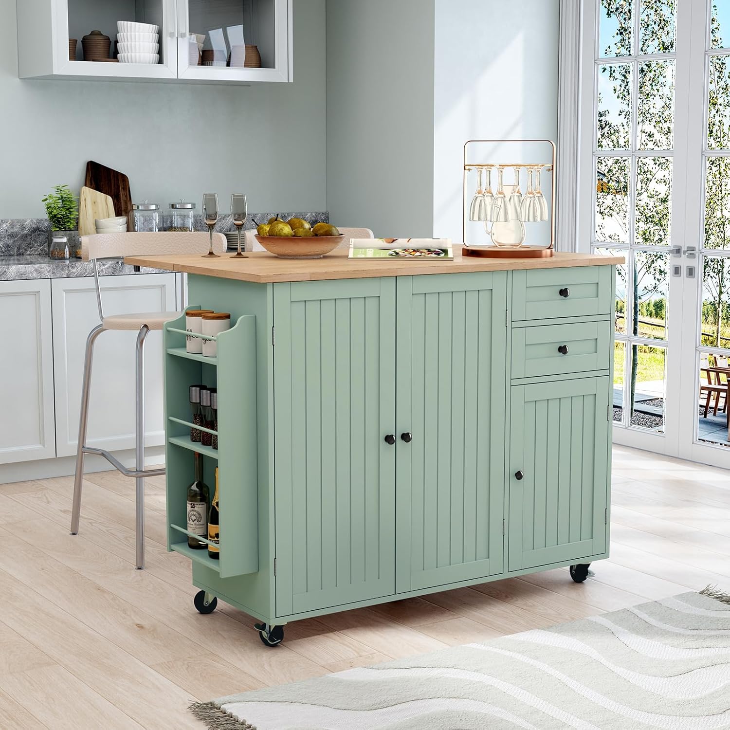 HLR® Kitchen Island with Storage, Sage Green Rolling Kitchen Cart on Wheels