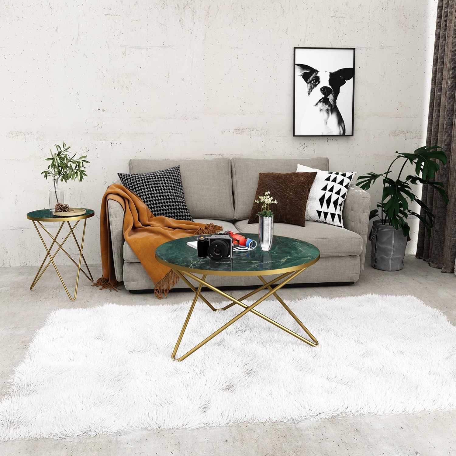 HLR® Round Coffee Table with Green Faux Marble Top