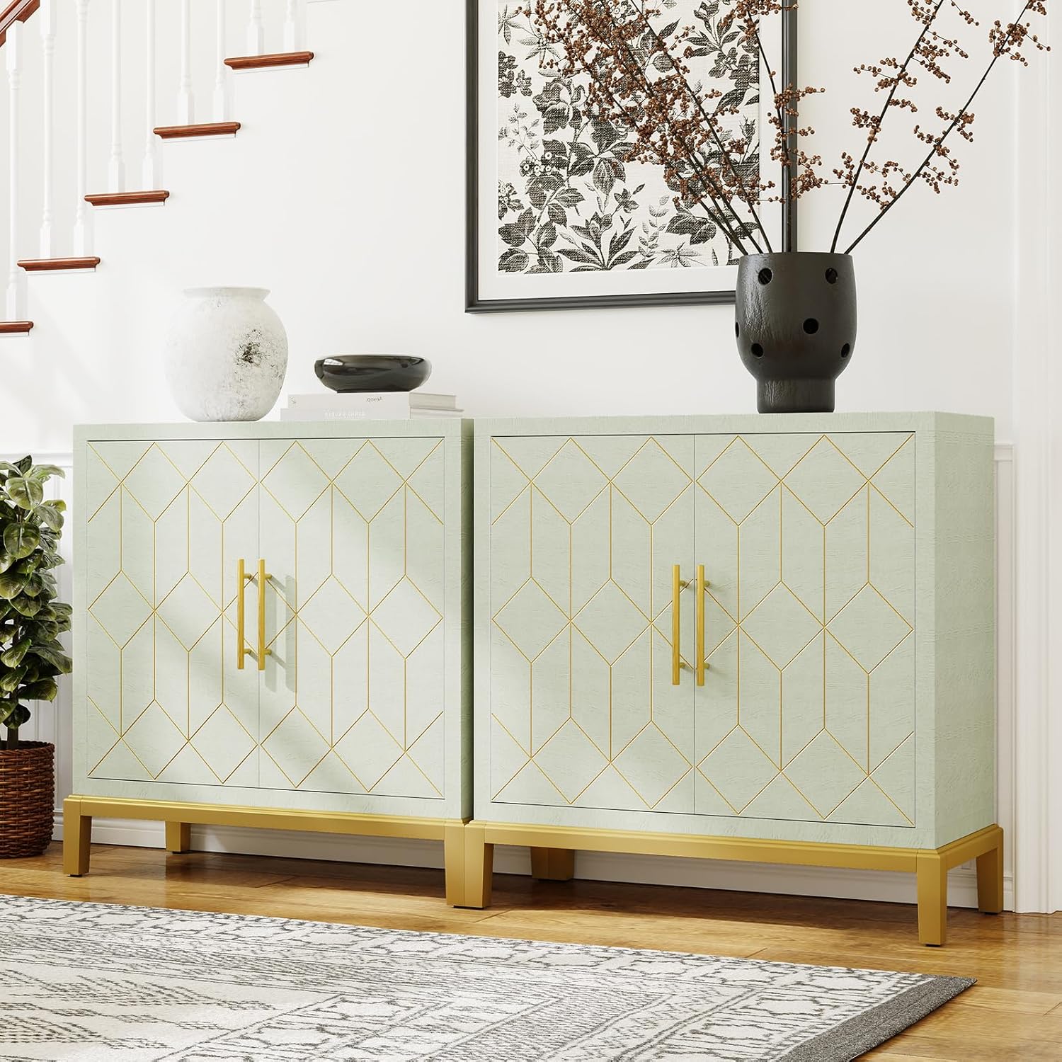 HLR® Green Accent Cabinet with Gold Trim, Storage Cabinet with 2/4 Doors