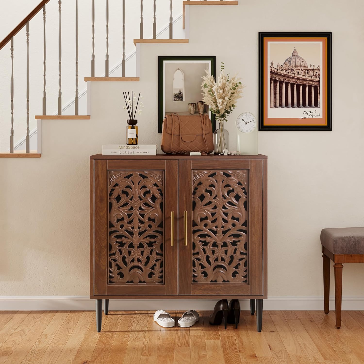 HLR® Accent Cabinet with 2 Doors, Vintage Hollow Carving Buffet Cabinet, Sideboards and Buffets