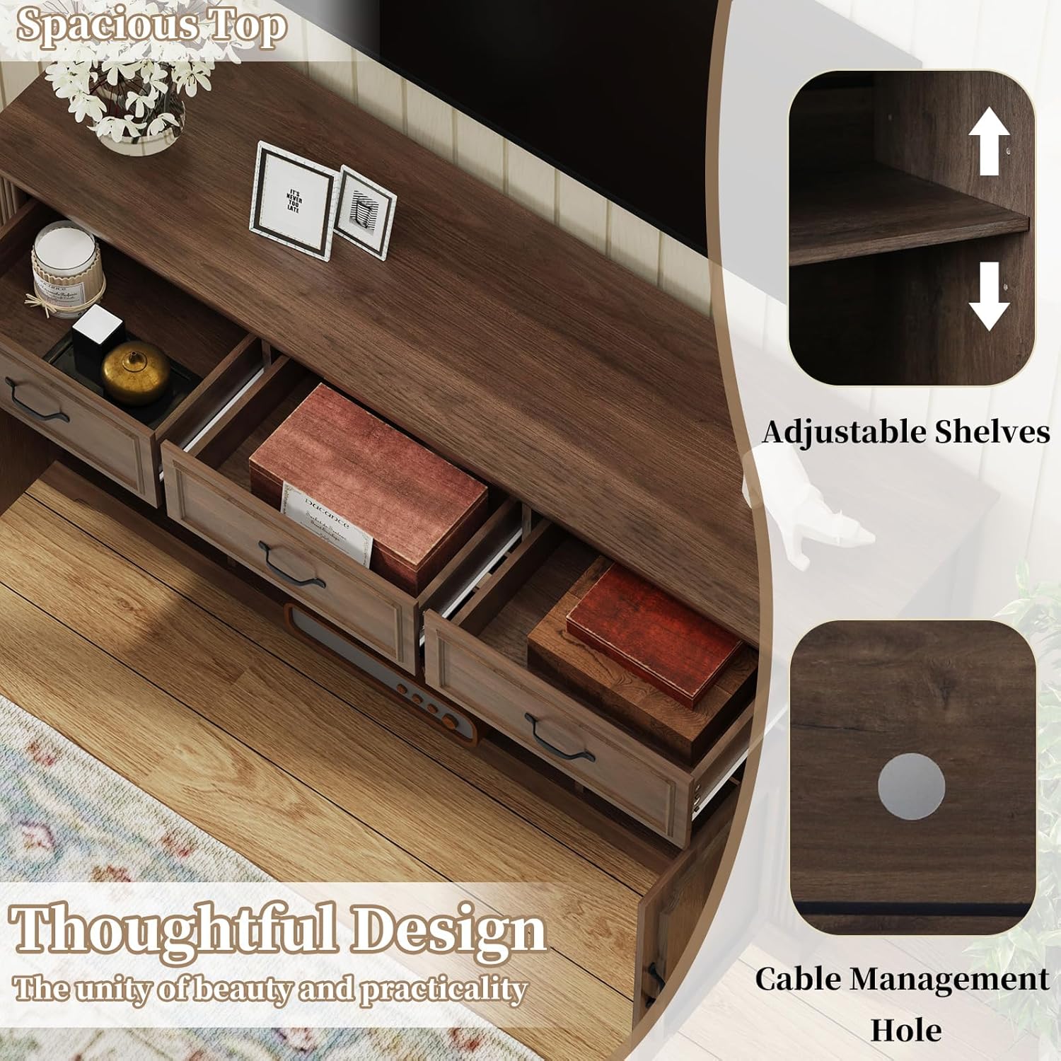 HLR® TV Stand with 3 Drawers for TV up to 65'', Wood Mid Century Television Cabinet