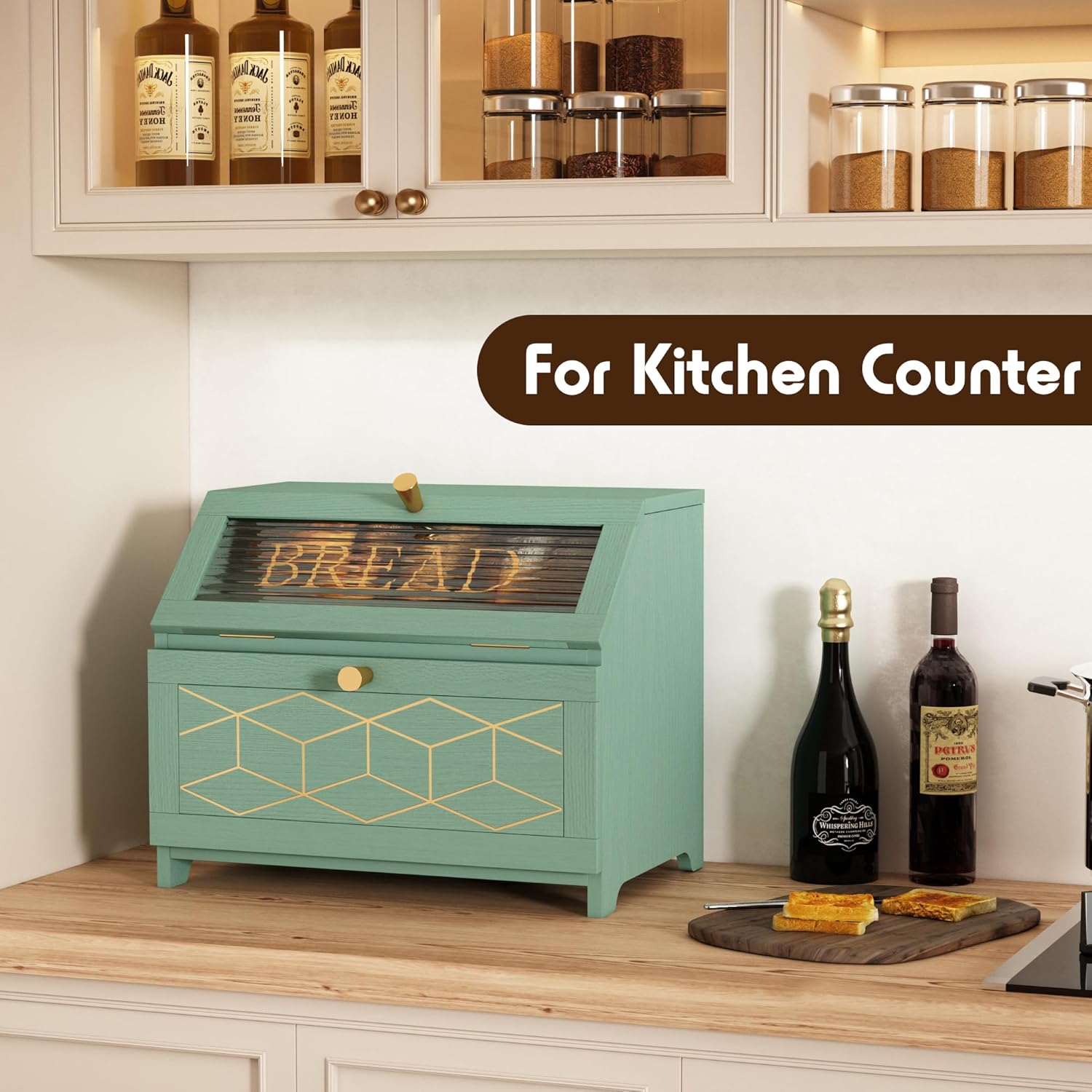 HLR® Double Layer Bread Box With Golden Trim for Countertop, Wooden Bread Container