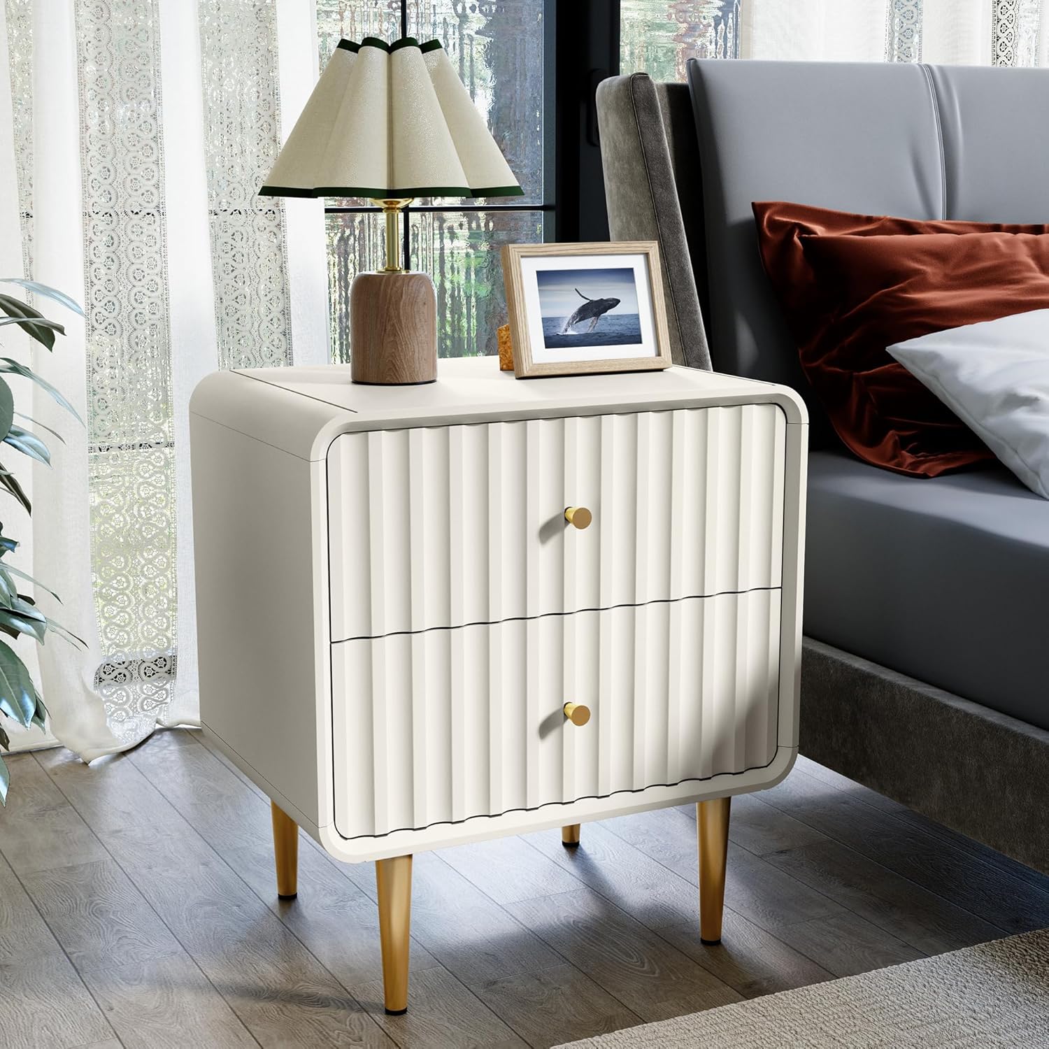HLR® Modern Nightstand Set of 2, Fluted Bed Side Table with 2 Drawers Storage