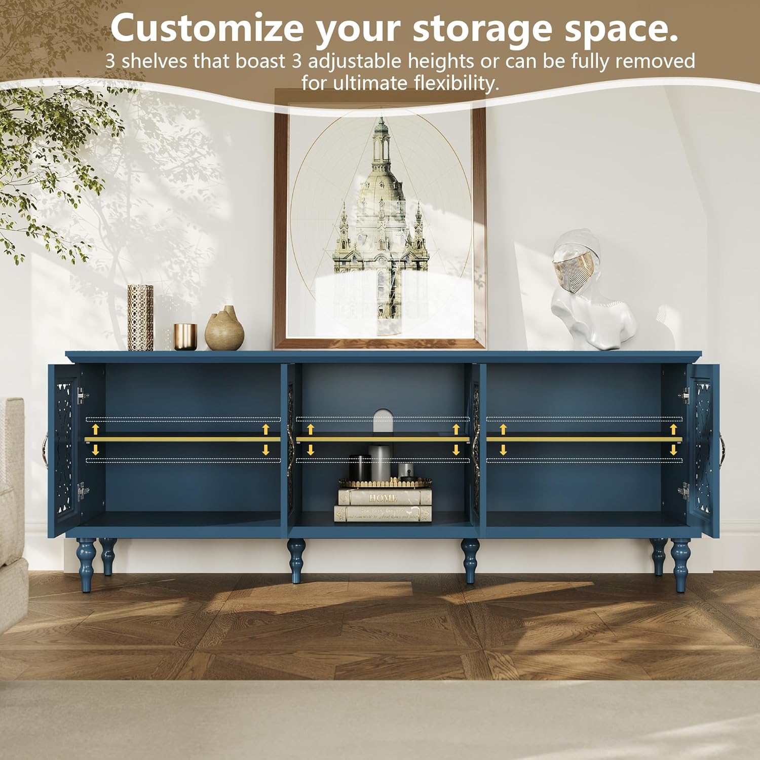 HLR® 67'' Vintage TV Stand with Hollow Carved Doors