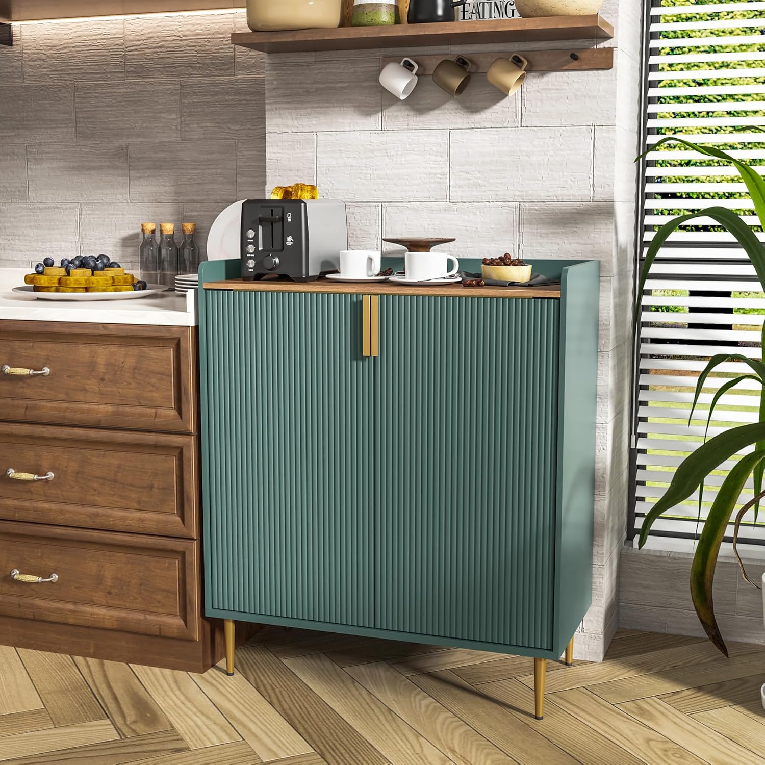 HLR® Coffee Bar Cabinet with Wine Racks, Green Liquor Cabinet with Fluted Texture