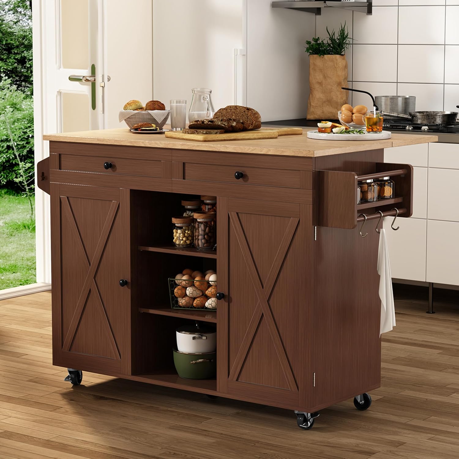 HLR® Kitchen Island On Wheels, Rolling Kitchen Island Cart with Drop Leaf Countertop