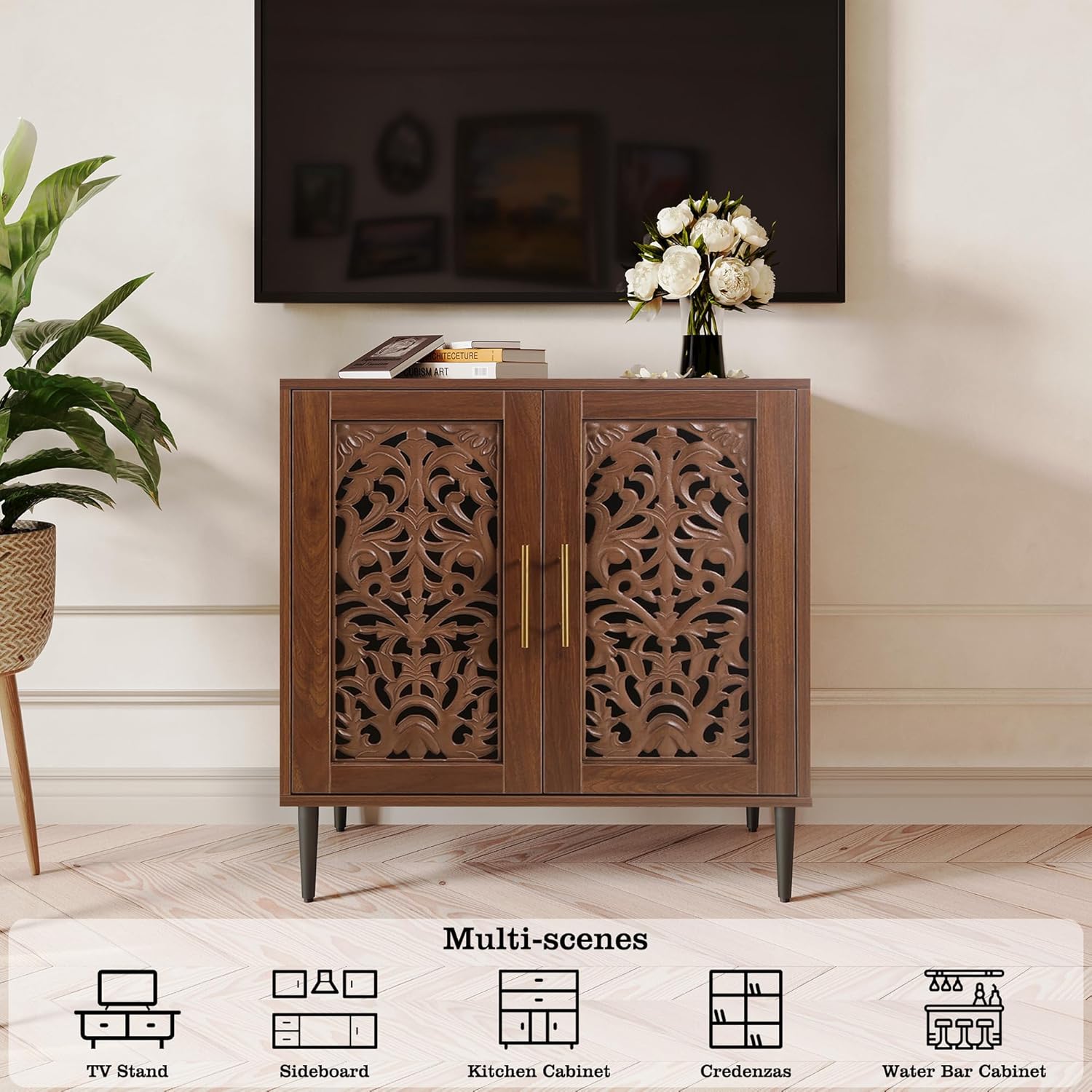 HLR® Accent Cabinet with 2 Doors, Vintage Hollow Carving Buffet Cabinet, Sideboards and Buffets