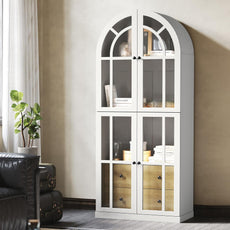 HLR® Arched Bookcase,71’’Tall Arched Cabinet with Glass Door Drawers and Shelves