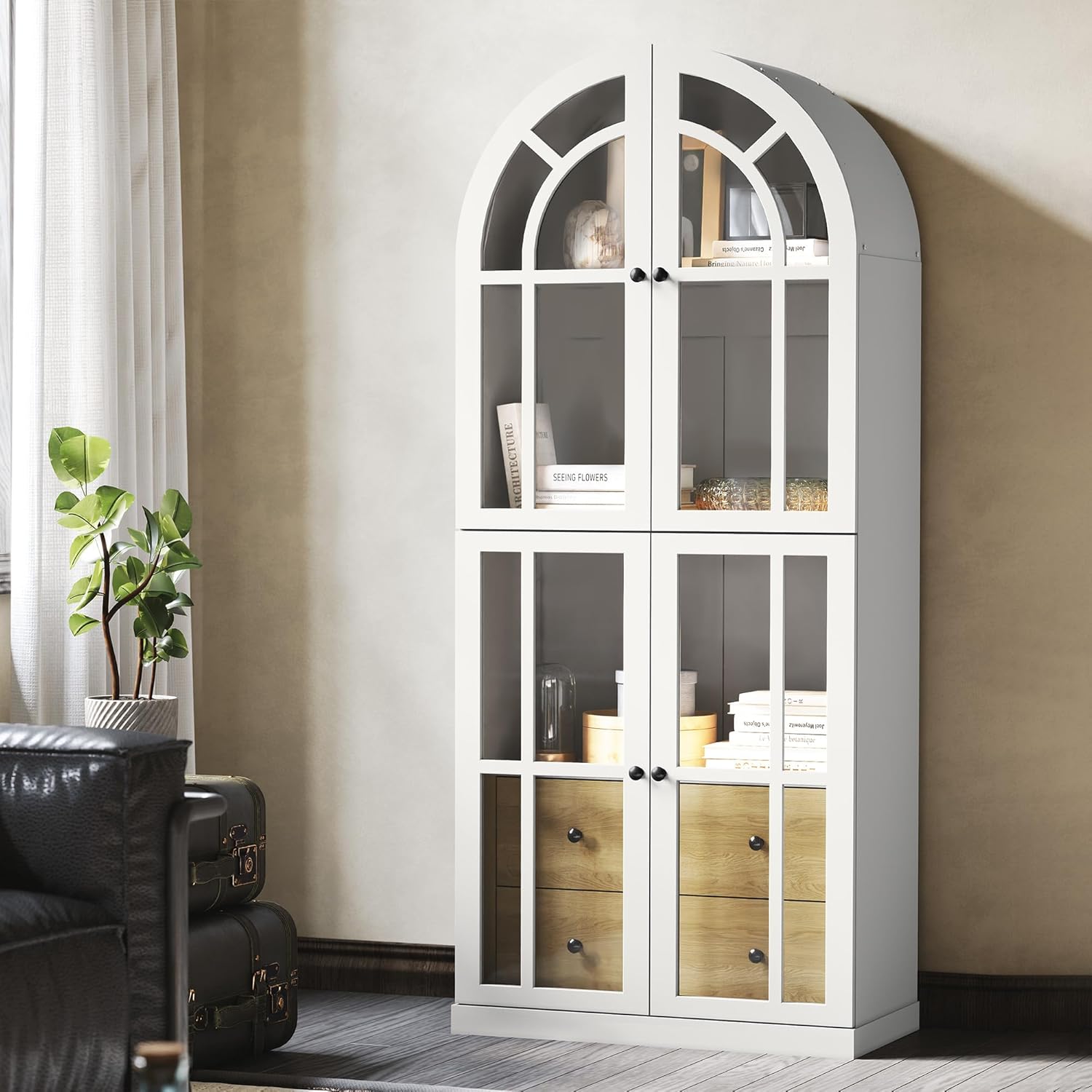 HLR® Arched Bookcase,71’’Tall Arched Cabinet with Glass Door Drawers and Shelves