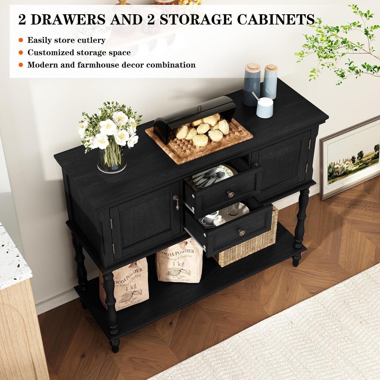 HLR® Console Table with 2 Drawers, Retro Entryway Table with 2 Door Cabinets and Open Storage Shelf