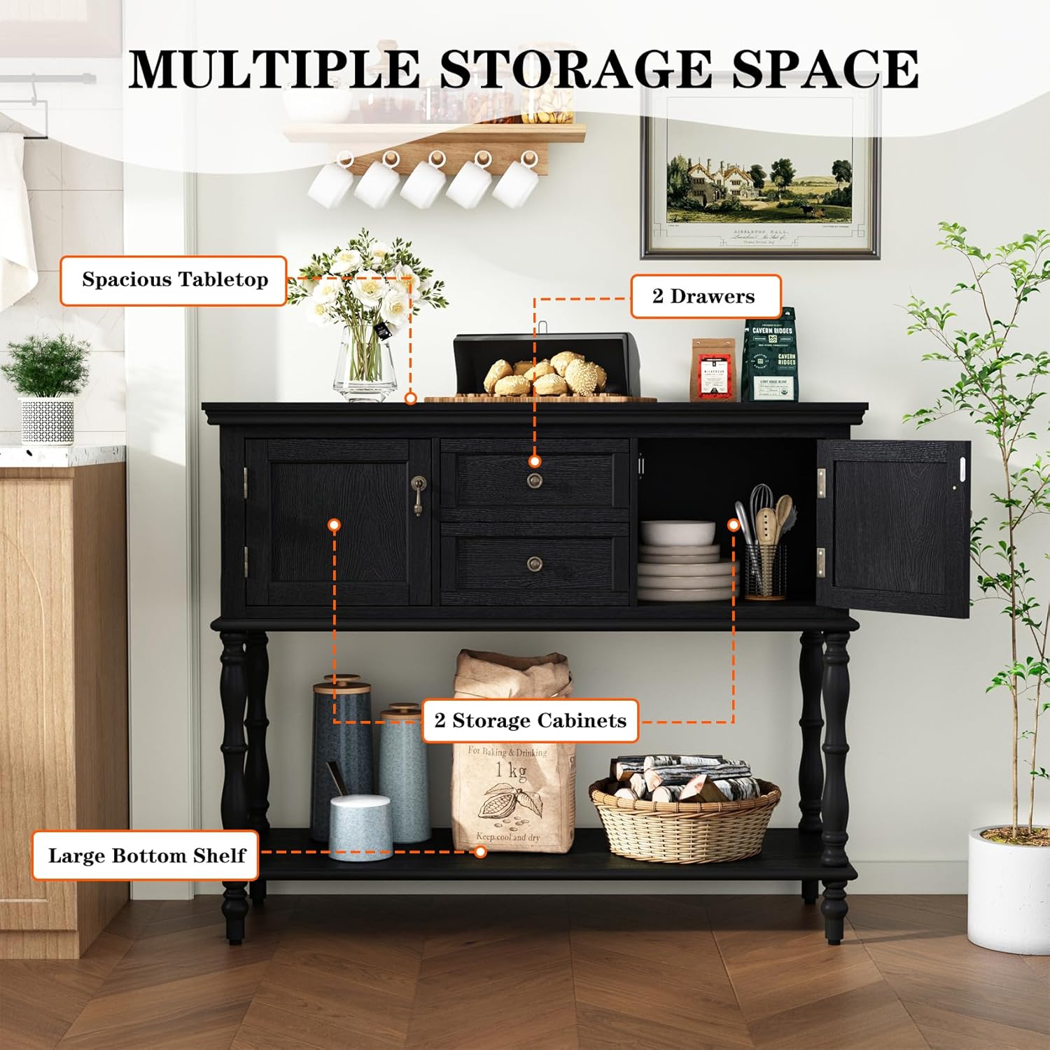 HLR® Console Table with 2 Drawers, Retro Entryway Table with 2 Door Cabinets and Open Storage Shelf
