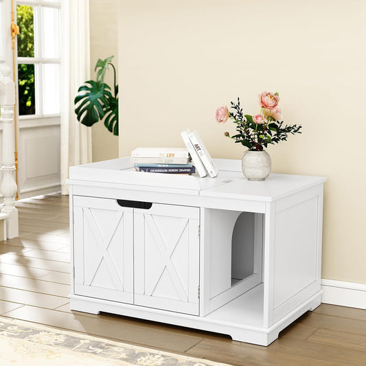 HLR® Flip Top Cat Litter Boxes Enclosure Covered Litter Box Hidden Furniture Wooden Cat Washroom Cabinet