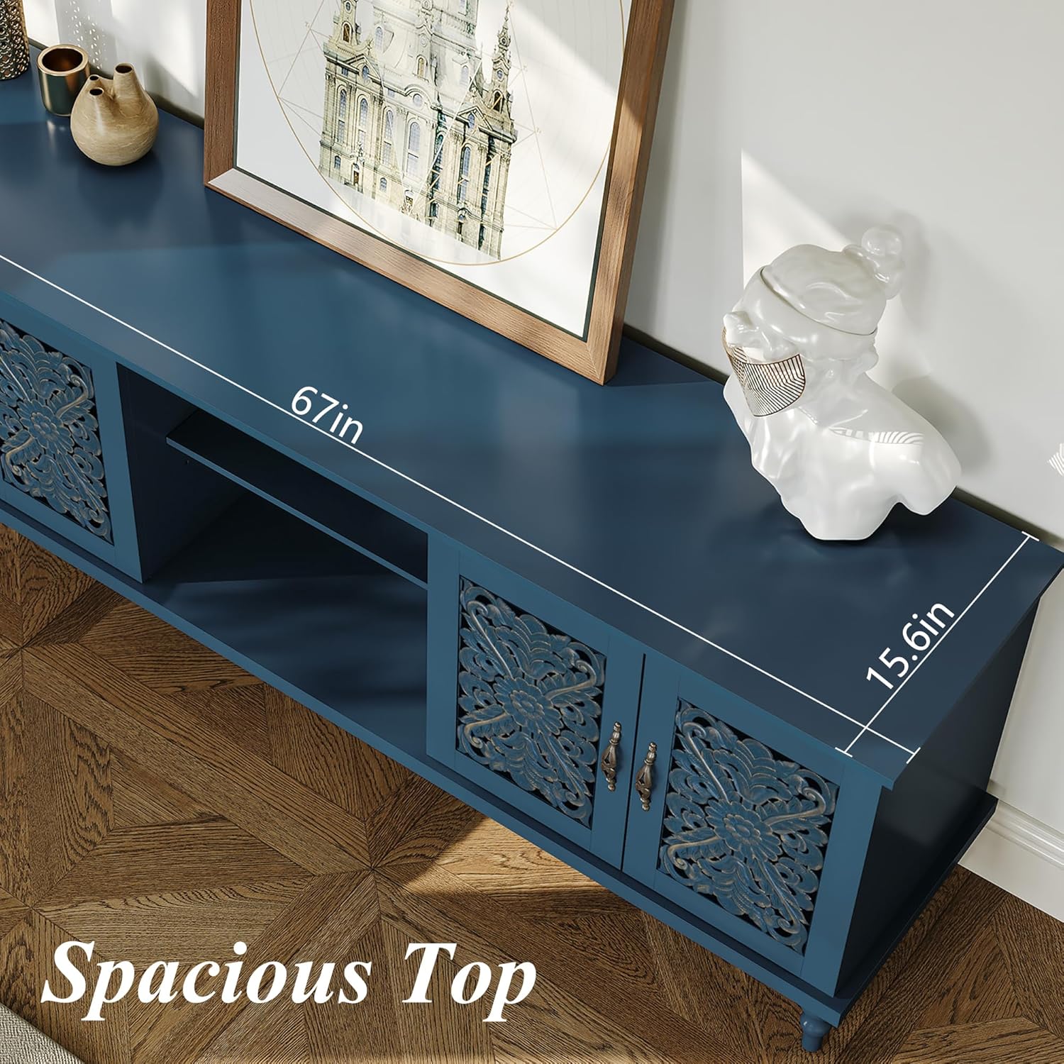 HLR® 67'' Vintage TV Stand with Hollow Carved Doors