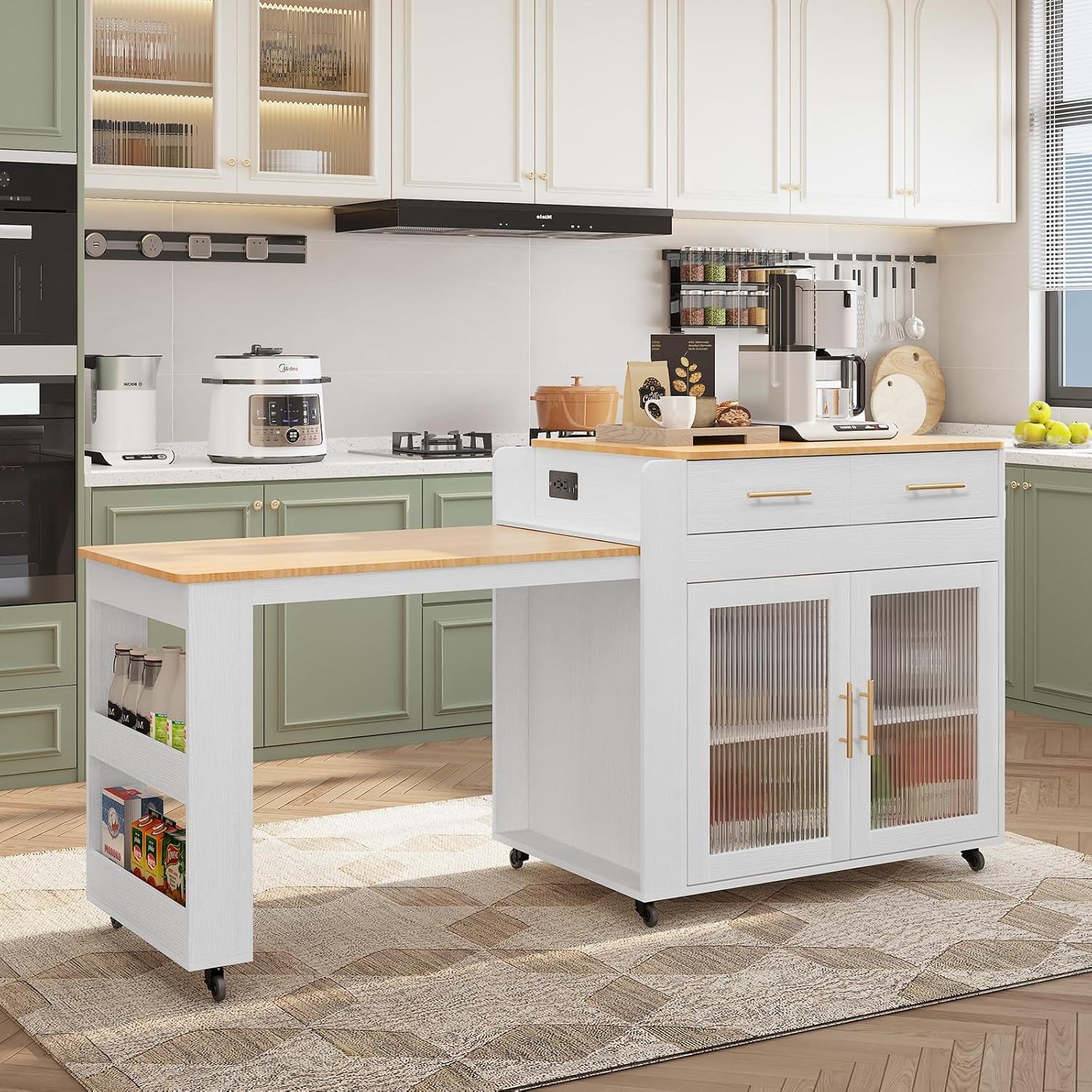 HLR® Kitchen Island with Extendable Dining Table, Marble Grain Top Kitchen Island